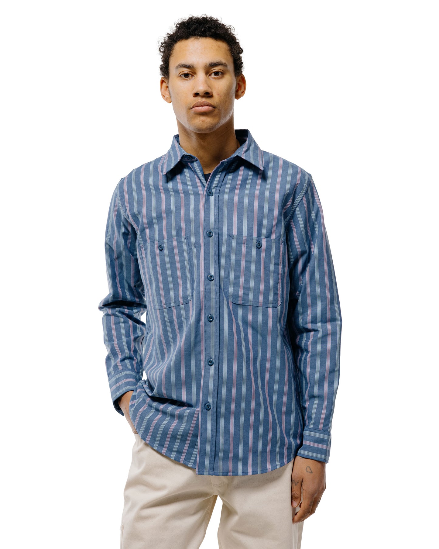 lost & found Randy's Garments Randy's Garments 3-Pocket Work Shirt Cotton Stripe Jacquard Oxford Cloth Blue