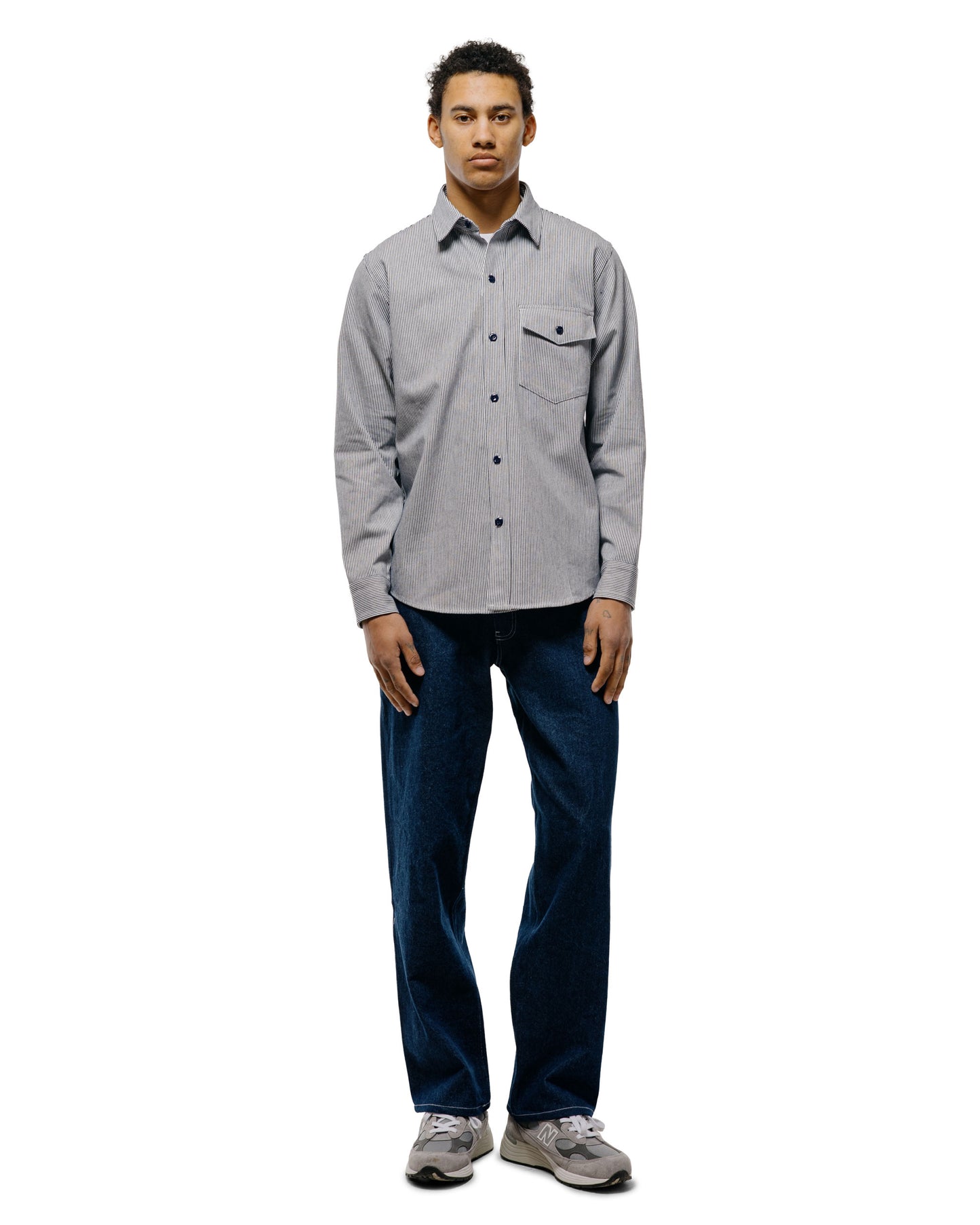 lost & found Randy's Garments Randy's Garments 1-Pocket Work Shirt 8oz Narrow Stripe Cotton Denim White/Indigo