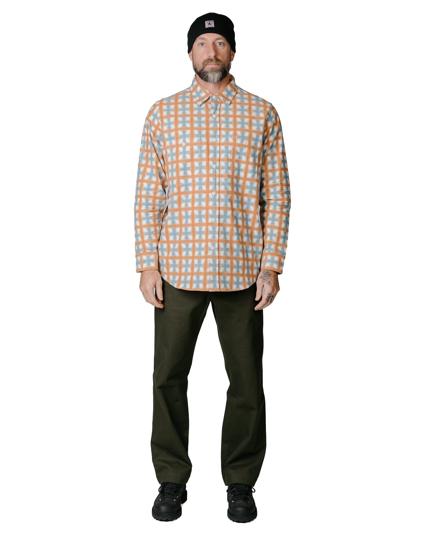 lost & found Randy's Garments Randy's Garments 3-Pocket Work Shirt Brushed Poplin Stencil Plaid Natural