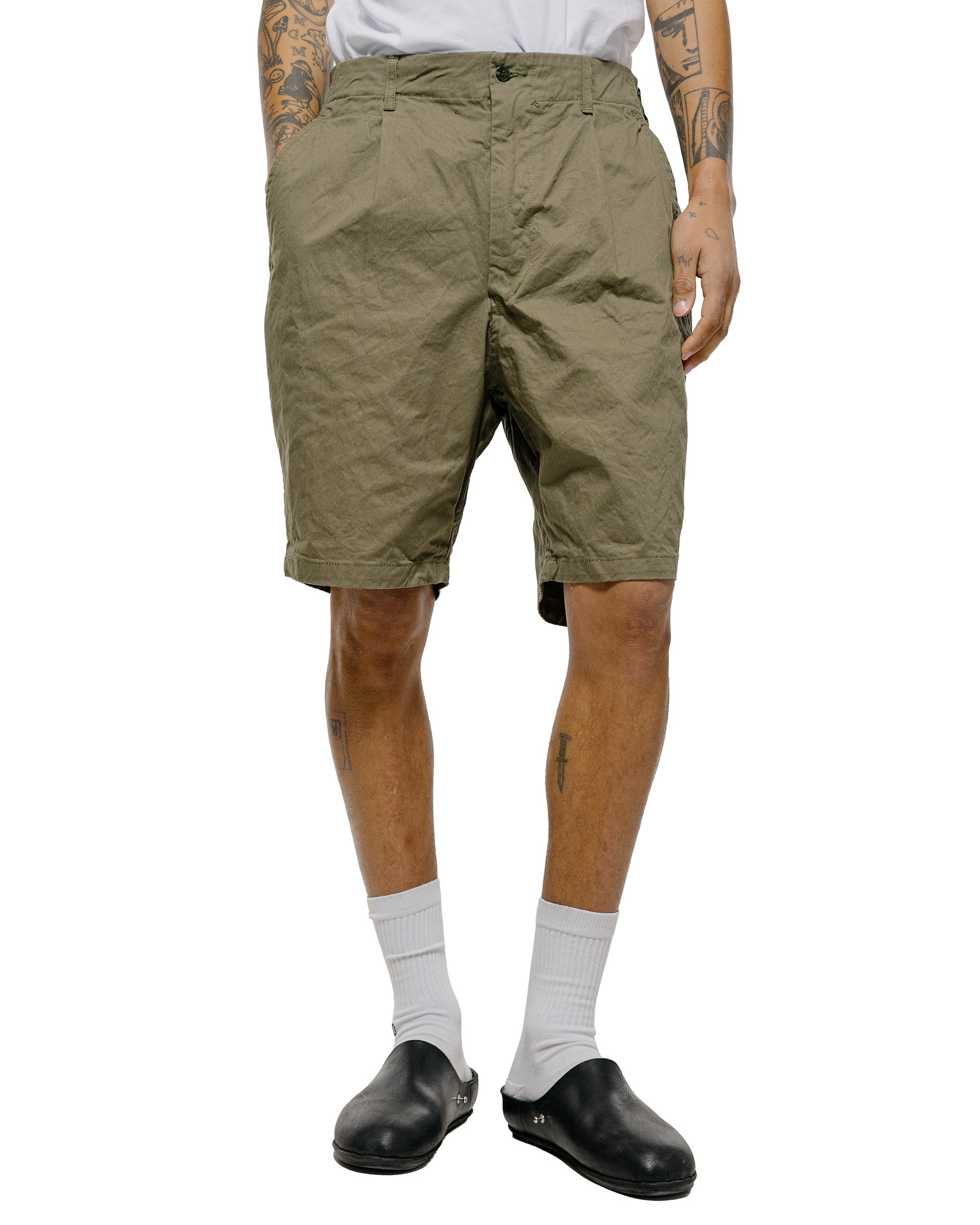 lost & found Sage de Cret Sage de Cret CO Chino Cloth Crinkle Single Pleated Peg Top Wide Short Pants Olive