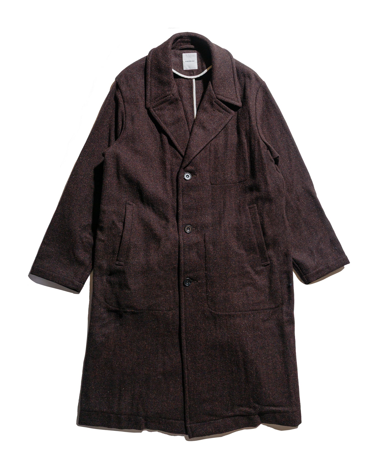 lost & found Sage de Cret Sage de Cret Harris Tweed Ulster Collar Long Coat Dark Brown