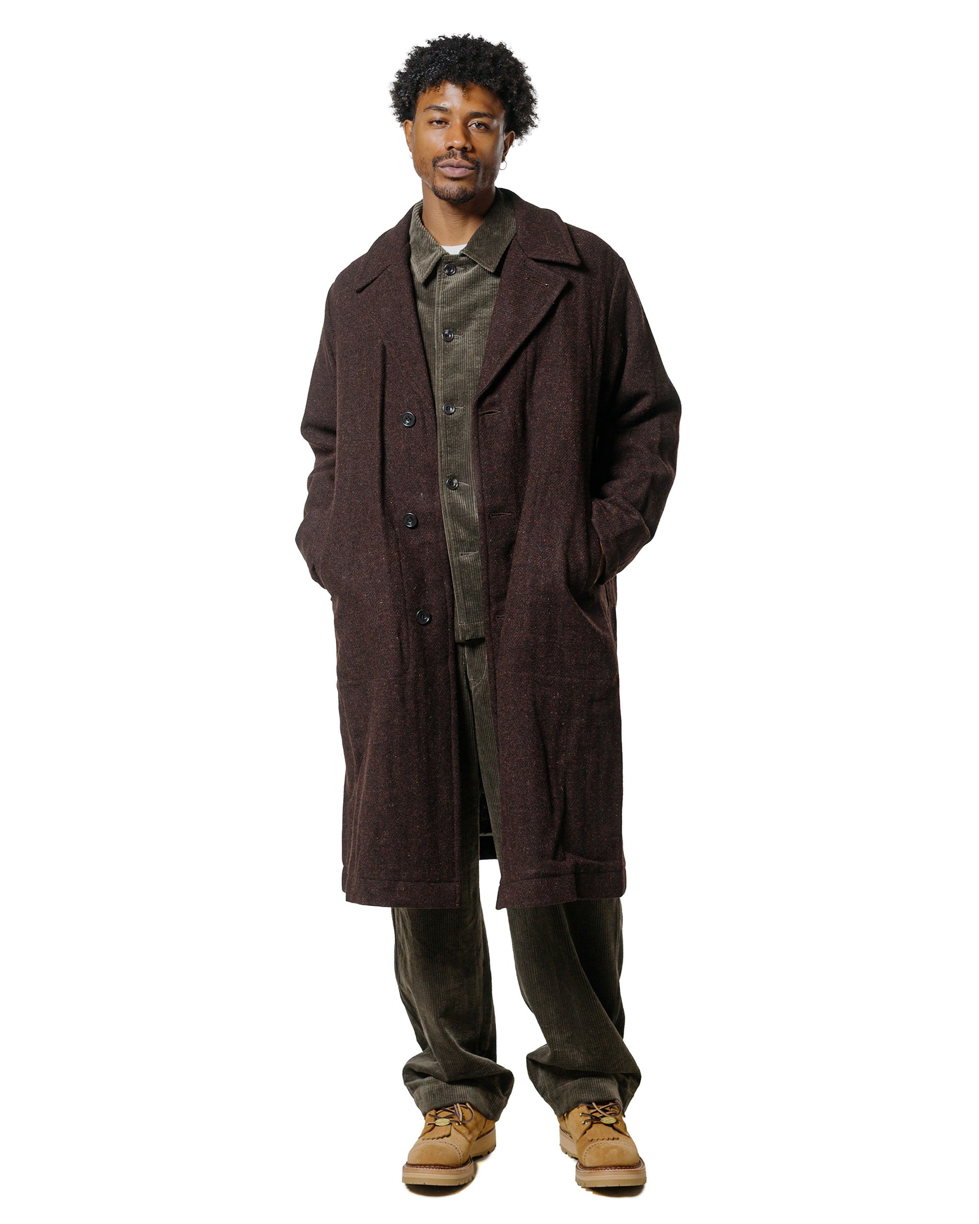 lost & found Sage de Cret Sage de Cret Harris Tweed Ulster Collar Long Coat Dark Brown