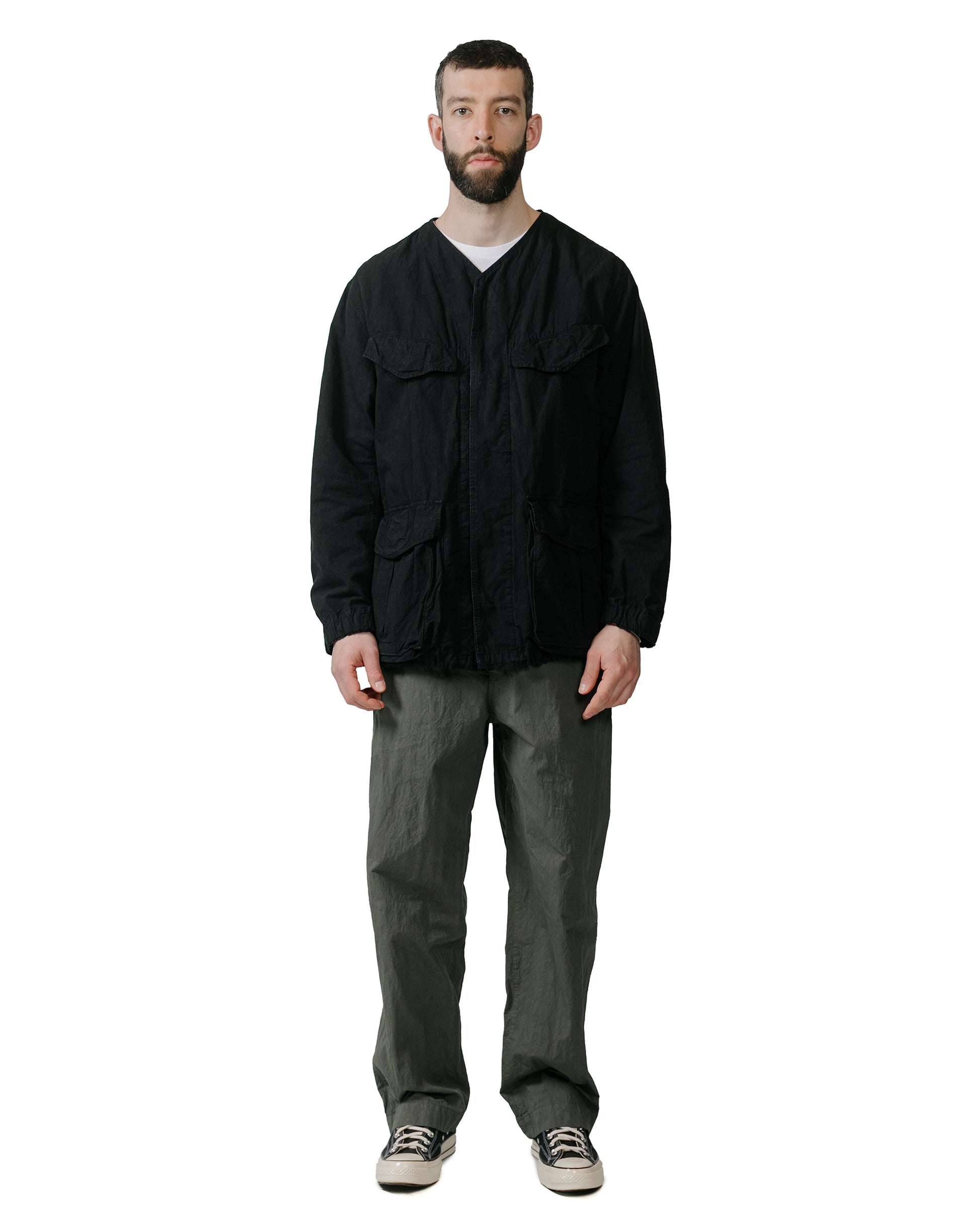 lost & found Sage de Cret Sage de Cret High Density Cotton Hemp Collarless Fatigue Jacket Black