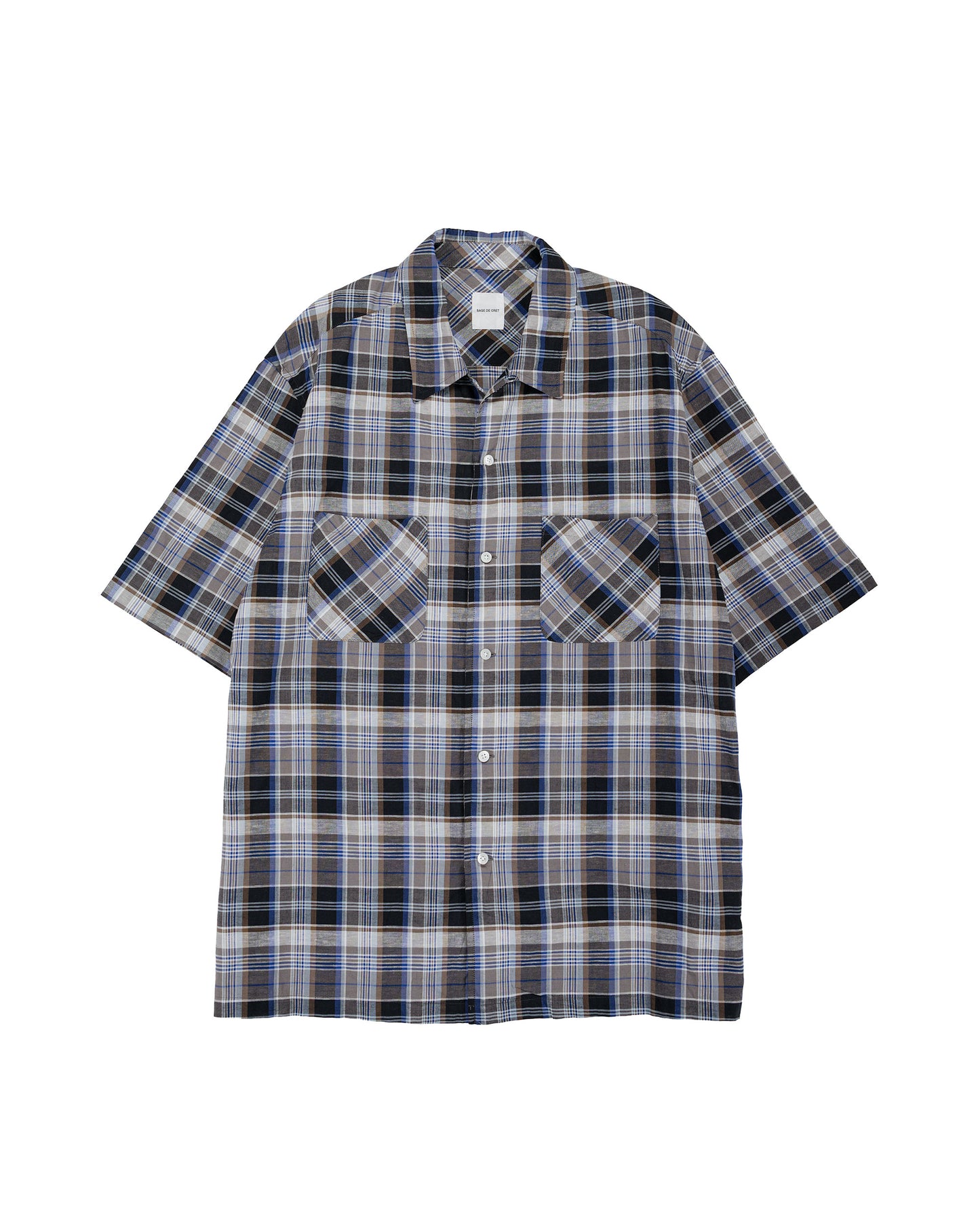 lost & found Sage de Cret Sage de Cret Organic CO/LI Madras Check Short Sleeve Open Collar Shirt Gray