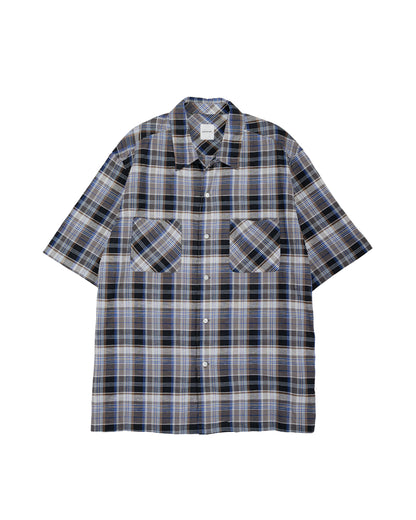 lost & found Sage de Cret Sage de Cret Organic CO/LI Madras Check Short Sleeve Open Collar Shirt Gray