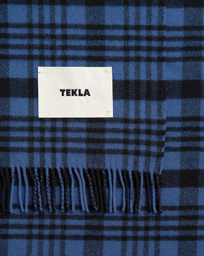 lost & found TEKLA Tekla Lambswool Fringed Blanket Blue Plaid