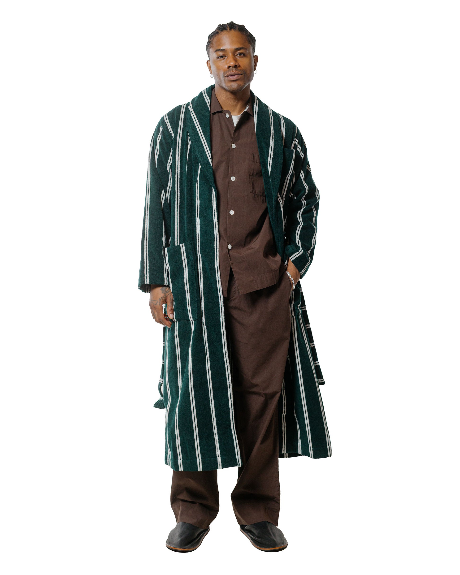 lost & found TEKLA Tekla Terry Classic Bathrobe Forest Green Stripes