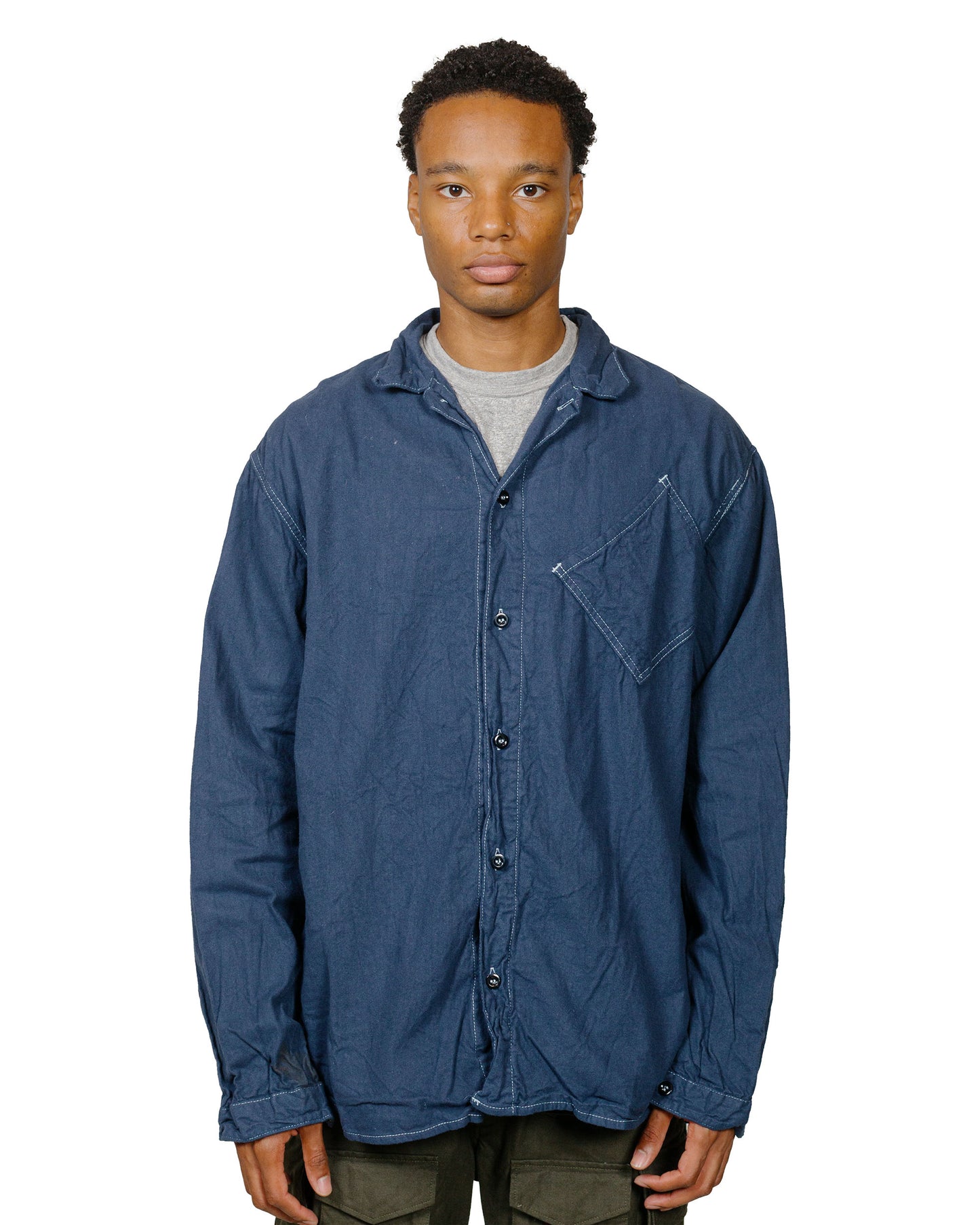 lost & found Tender Tender 465 Argyle Chest Pocket Shirt Barge Blue Cotton Flannel Rinsed