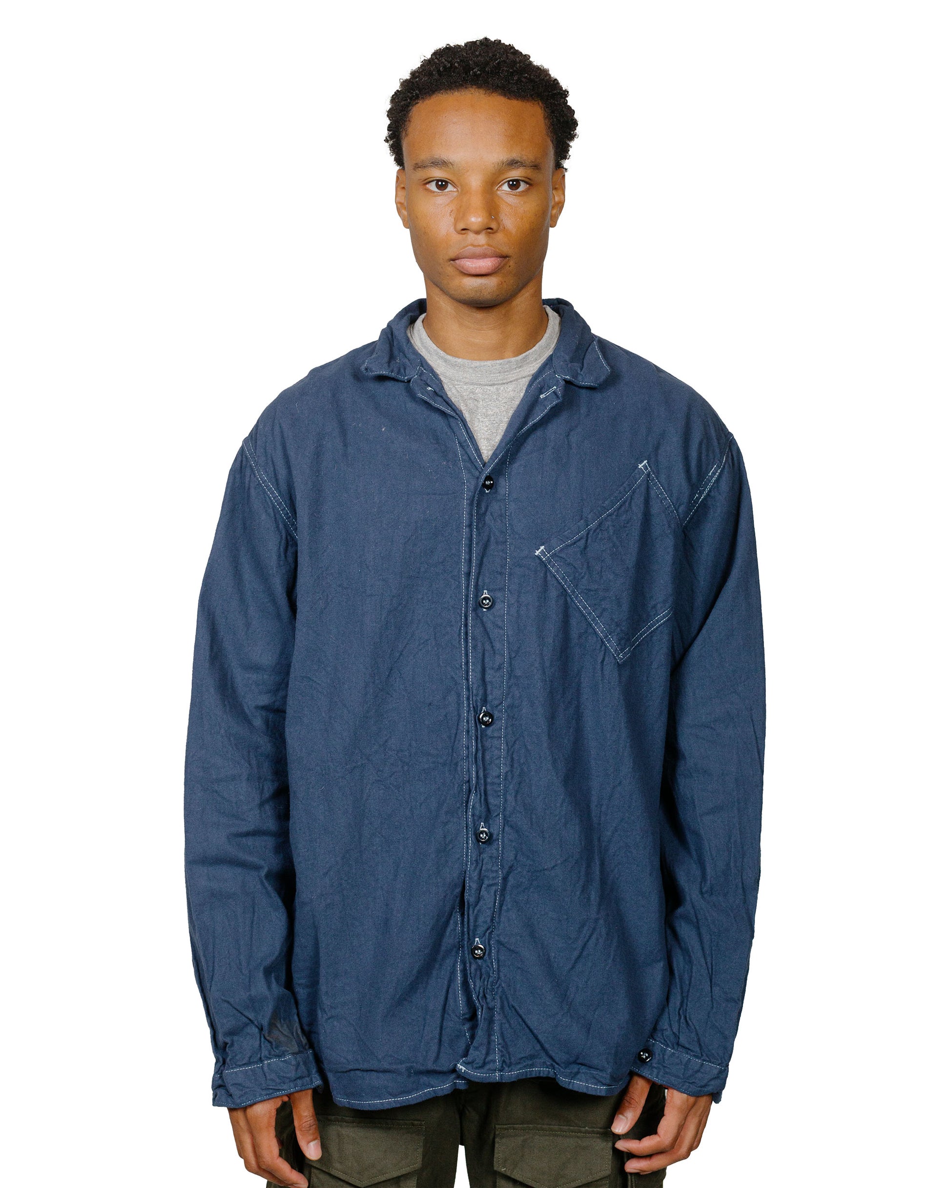 lost & found Tender Tender 465 Argyle Chest Pocket Shirt Barge Blue Cotton Flannel Rinsed