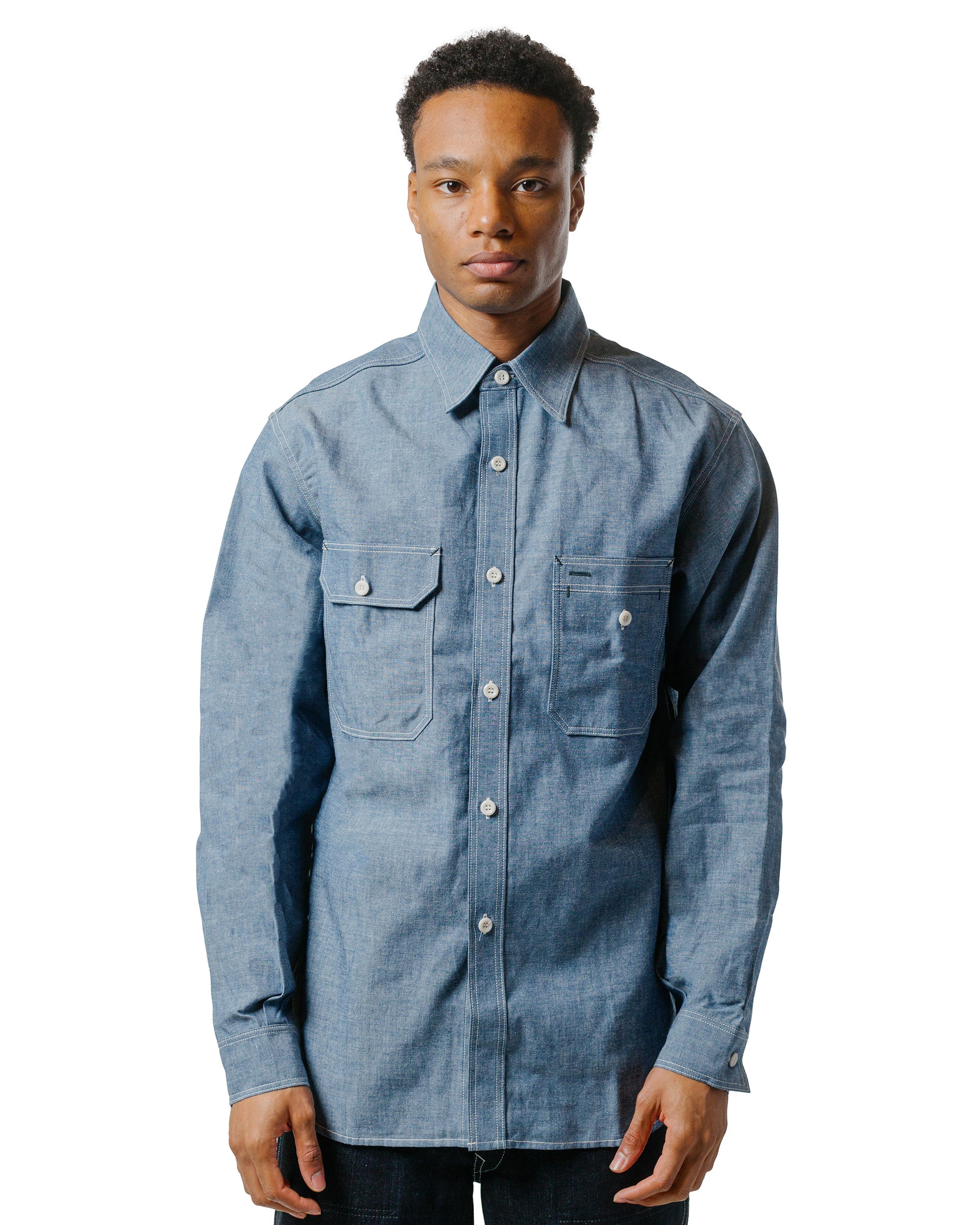 lost & found The Real McCoy's The Real McCoy's MS24004 8HU Chambray Serviceman Shirt Light Blue