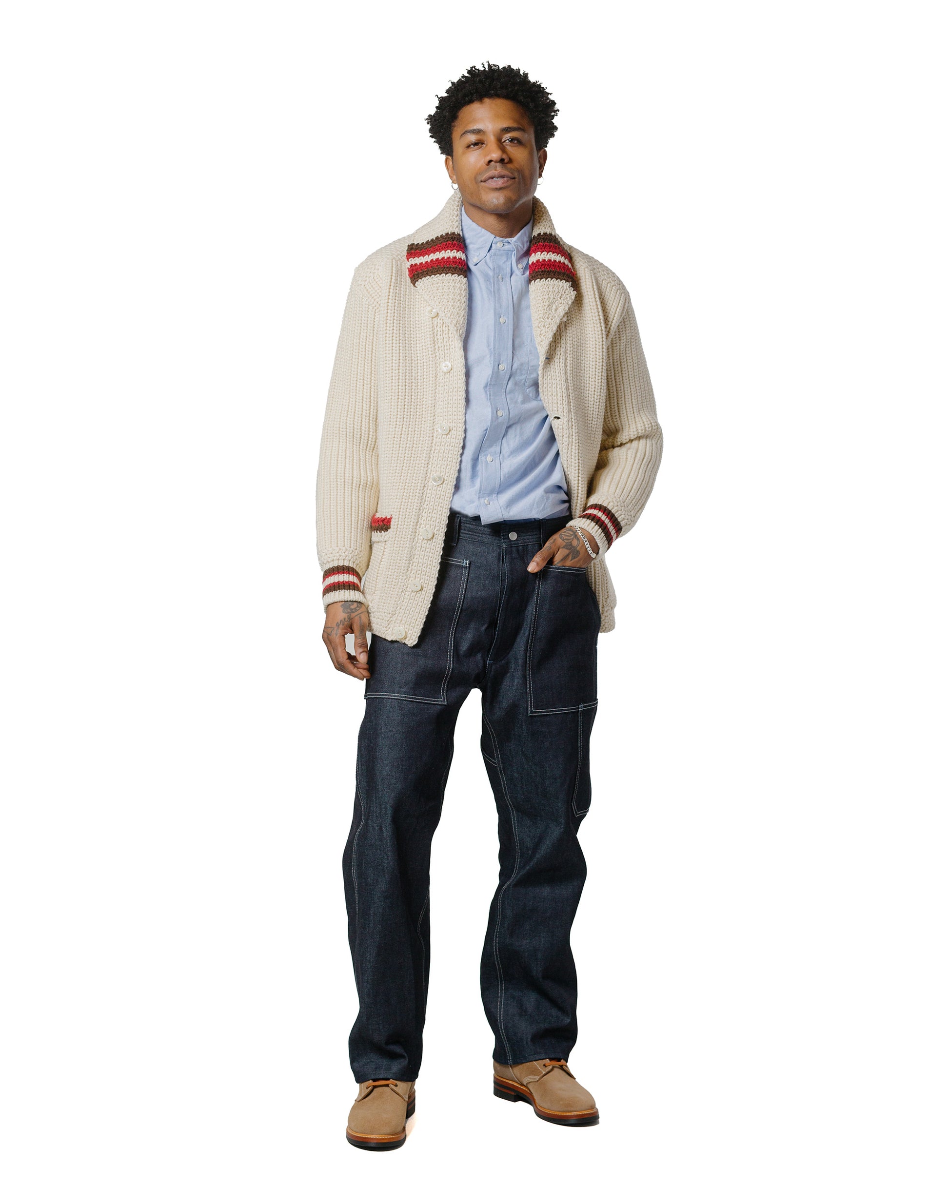 lost & found The Real McCoy's The Real McCoy's MC24111 Striped Shawl Collar Cardigan Ecru