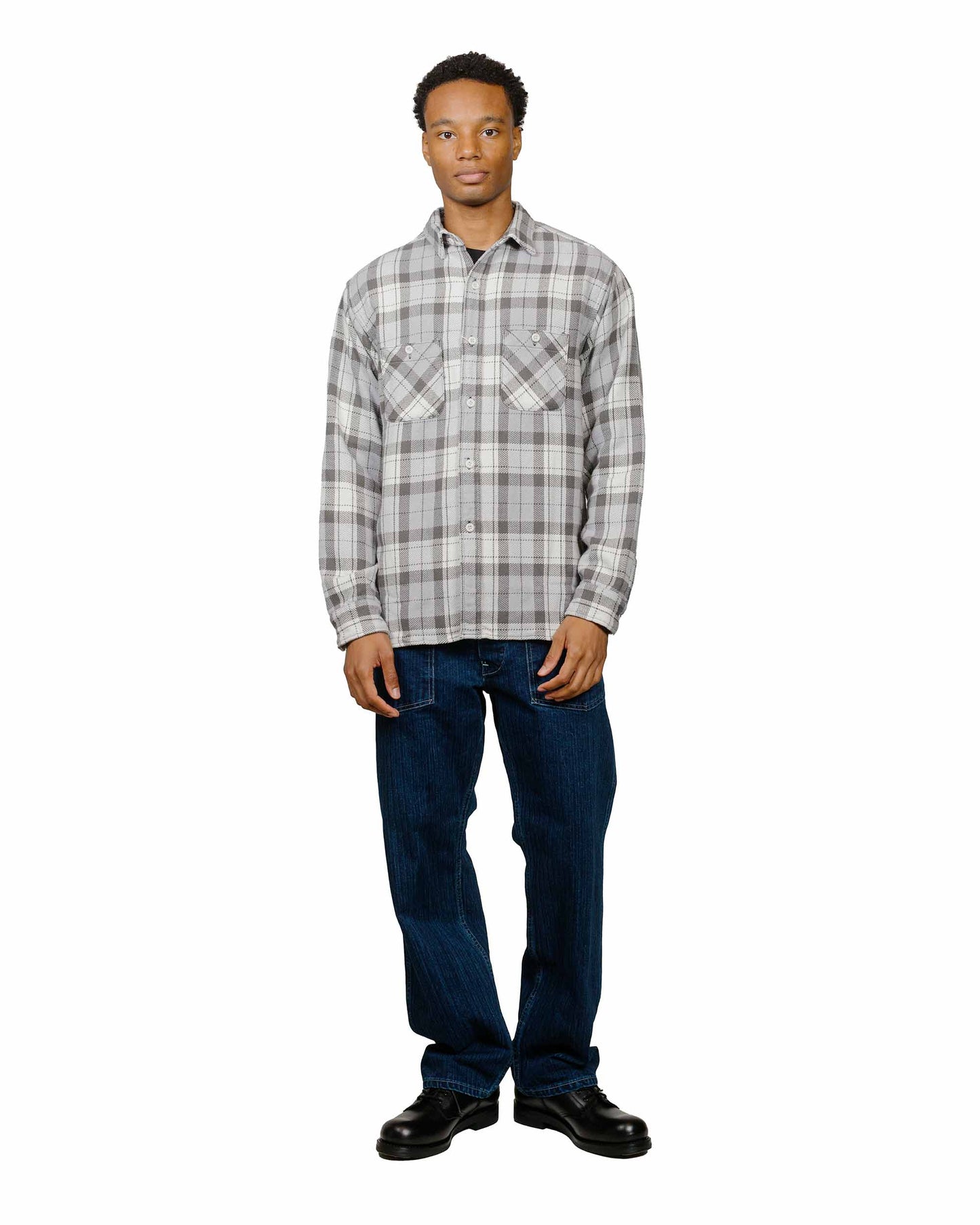 lost & found The Real McCoy's The Real McCoy's MS24007 8HU Block Check Summer Flannel Shirt Snow Gray