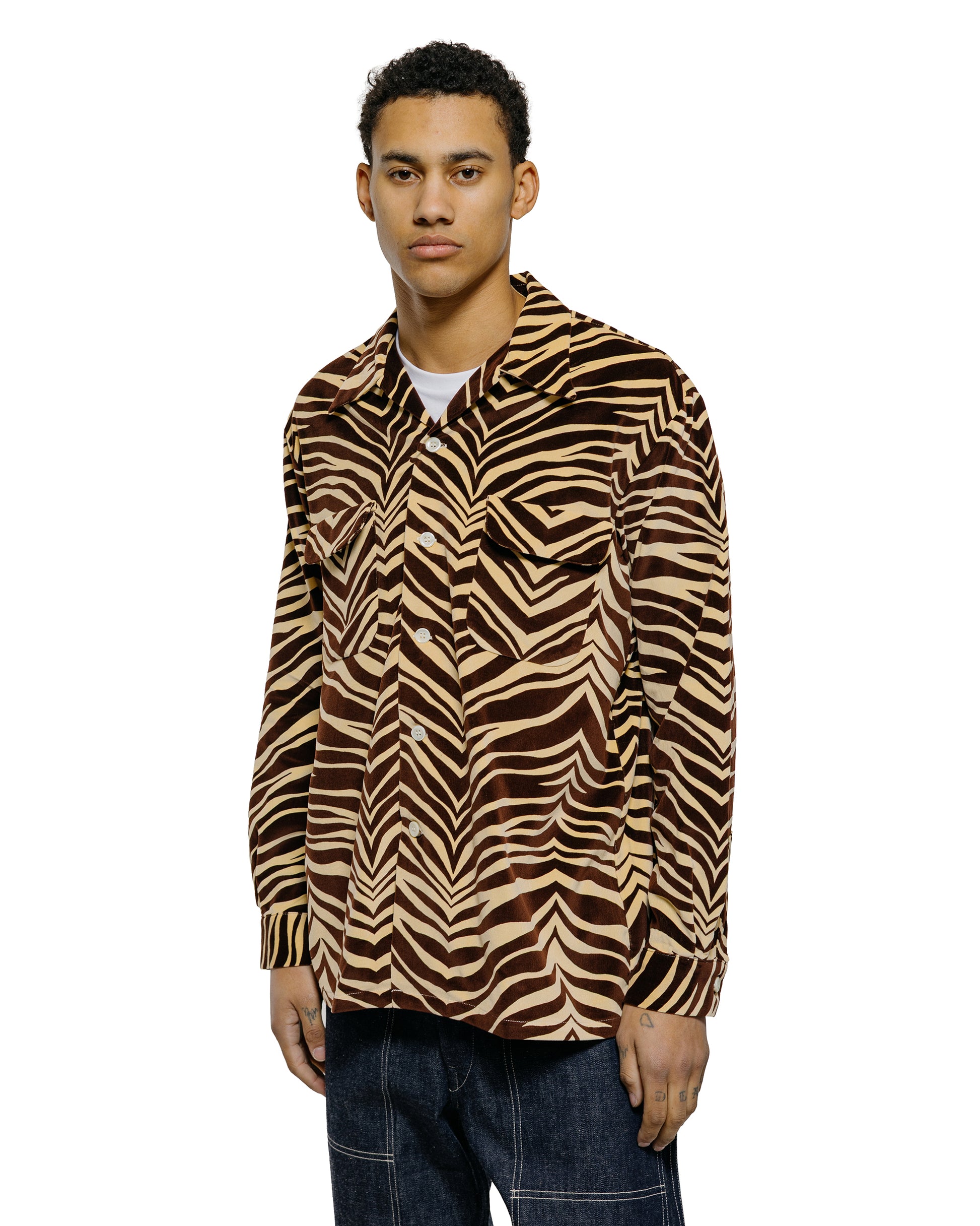 lost & found The Real McCoy's The Real McCoy's MS25108 Printed Velour Open-Collar Shirt Zebra Print