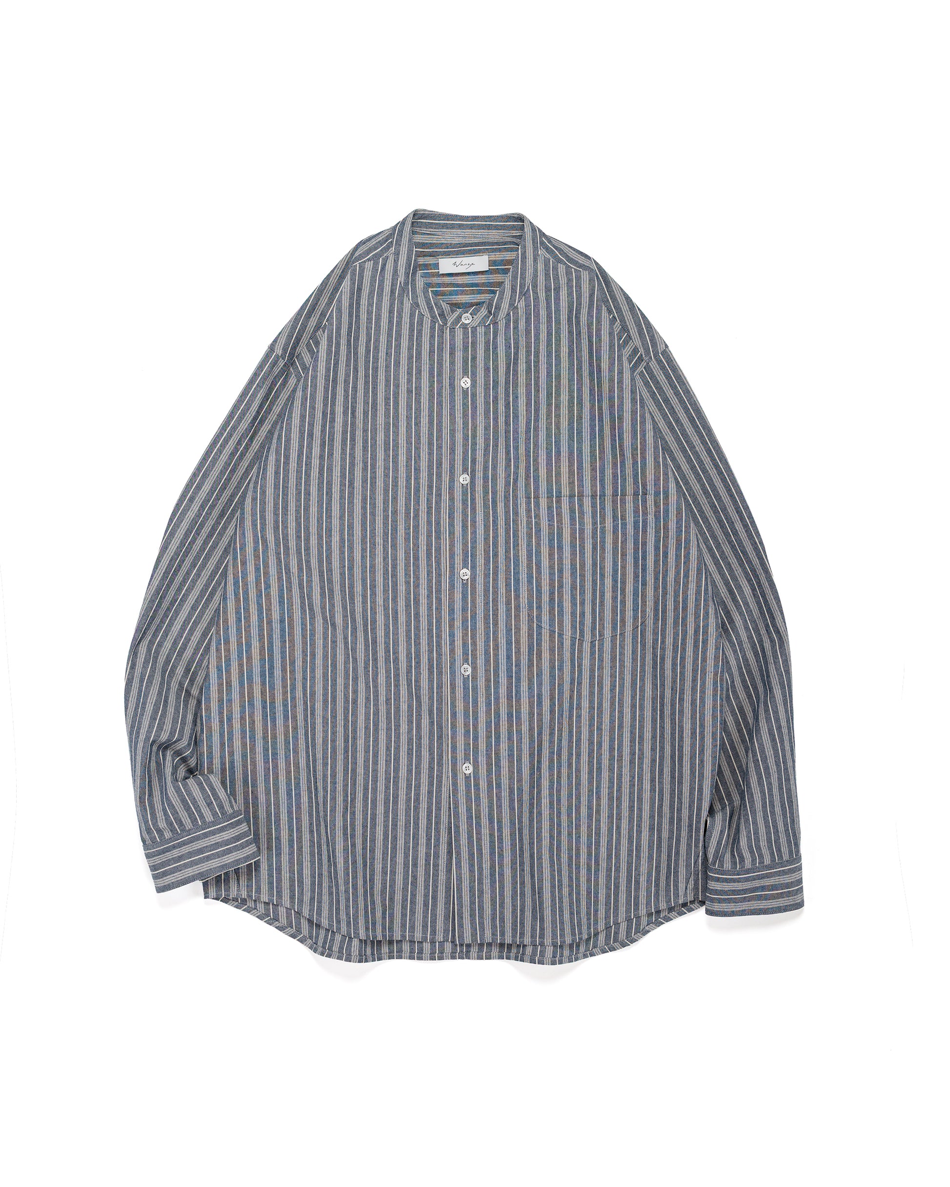 lost & found Wanze Wanze Band Collar Shirt Cotton Stripe Indigo