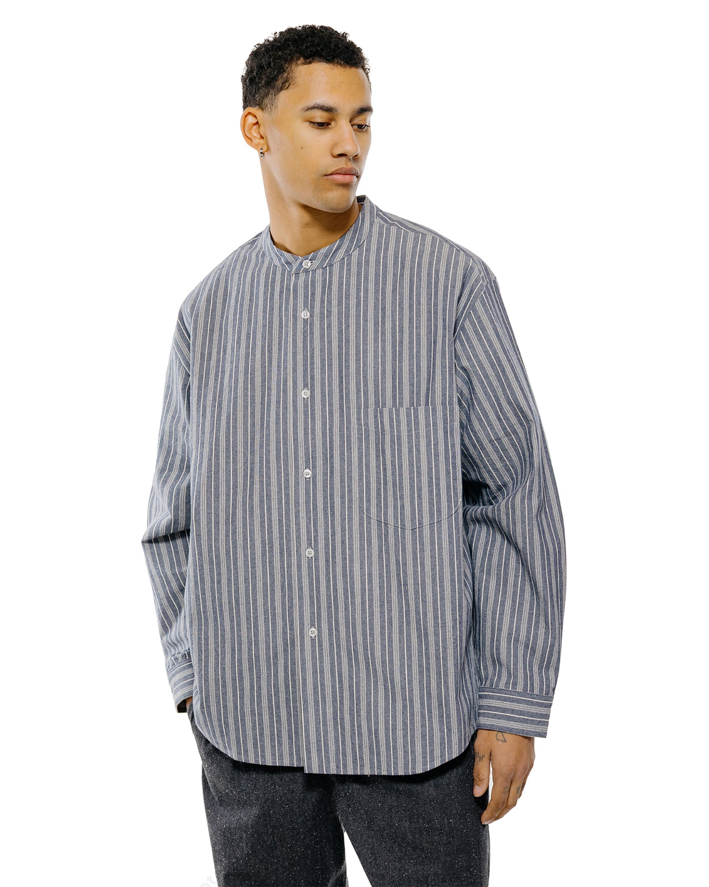 lost & found Wanze Wanze Band Collar Shirt Cotton Stripe Indigo