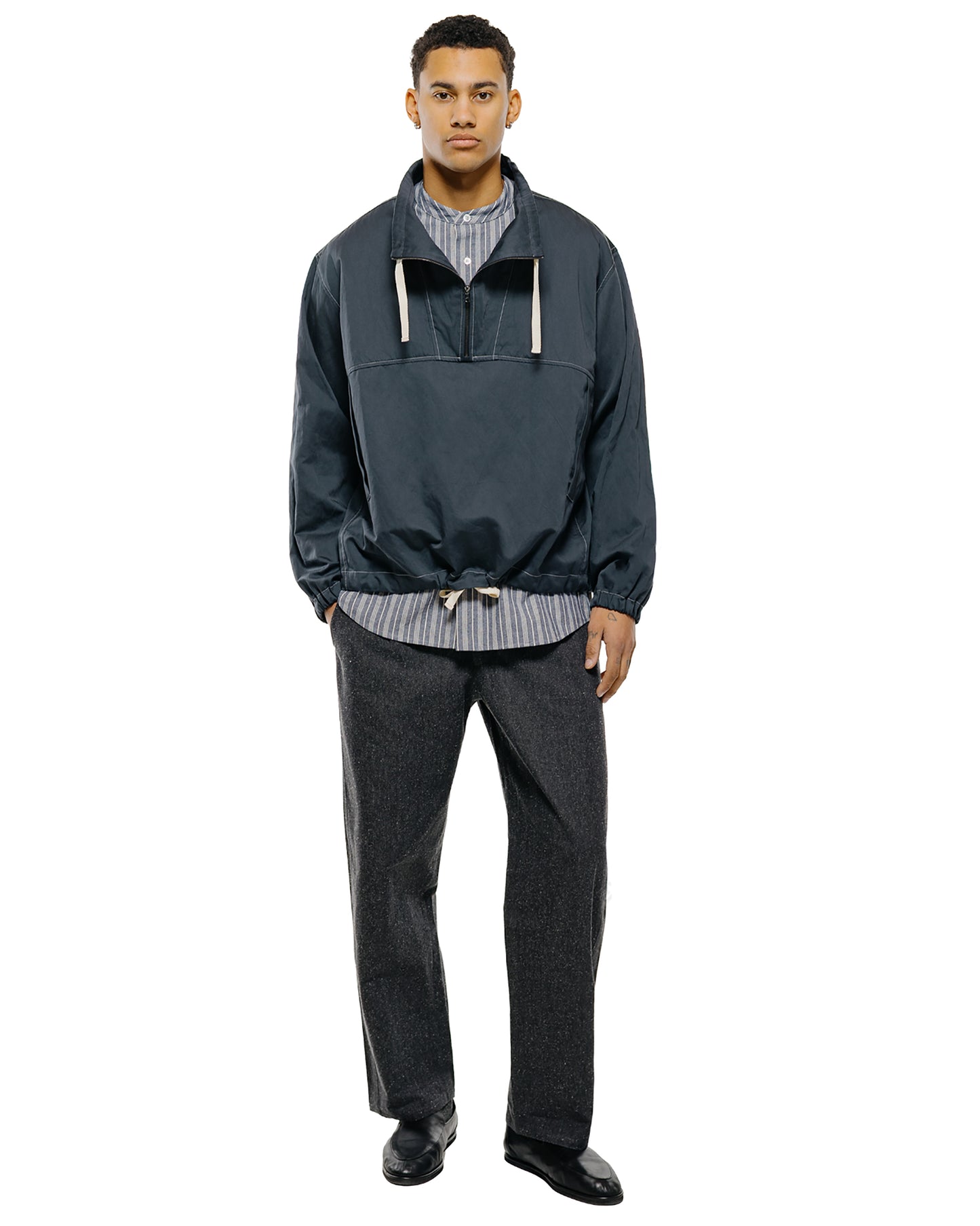 lost & found Wanze Wanze Band Collar Shirt Cotton Stripe Indigo