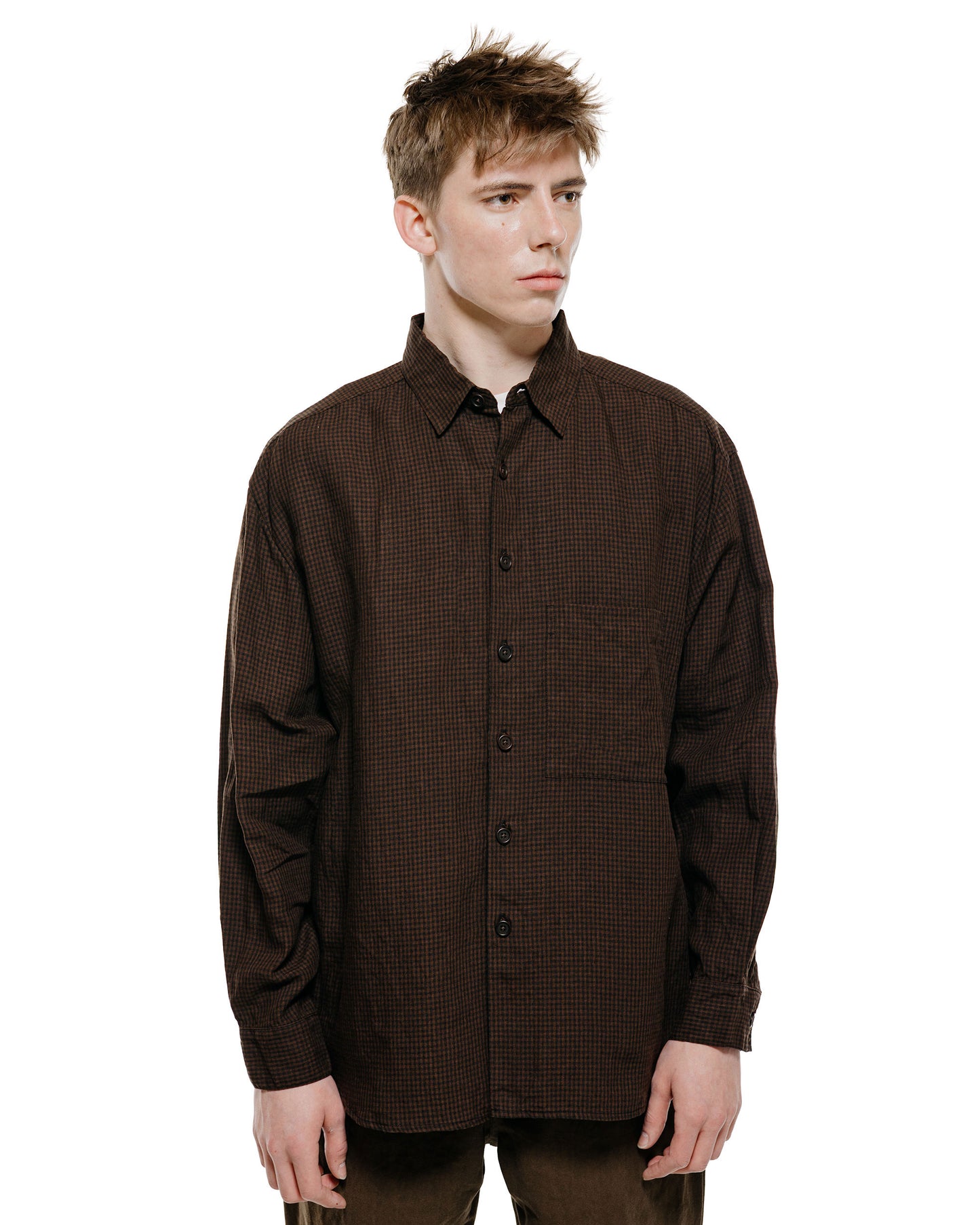 lost & found evan kinori evan kinori Big Shirt Two Overdyed Linen Check Brown/Black Logwood Overdye