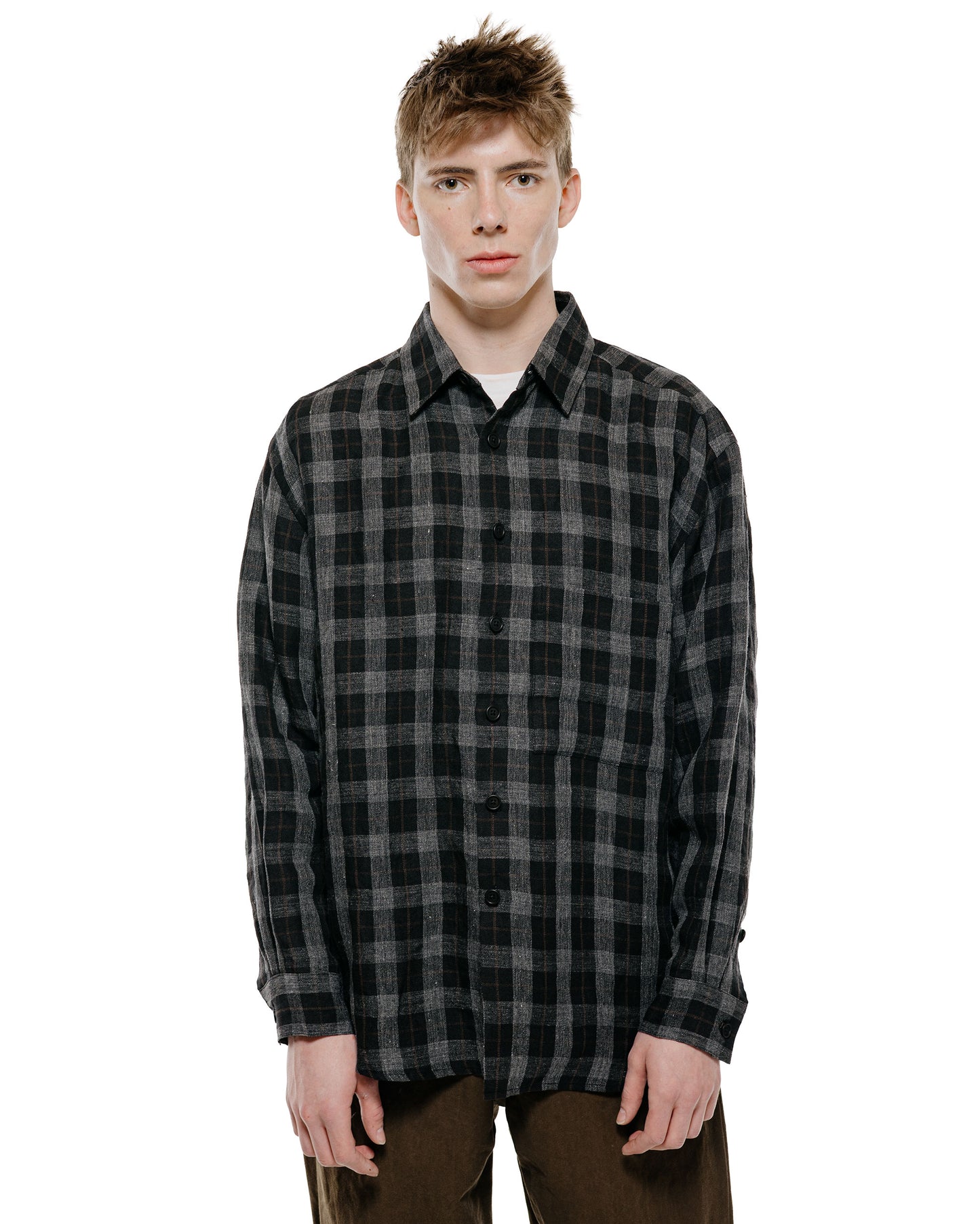 lost & found evan kinori evan kinori Big Shirt Two Yarn Dye Linen Check Charcoal/Brown/Black