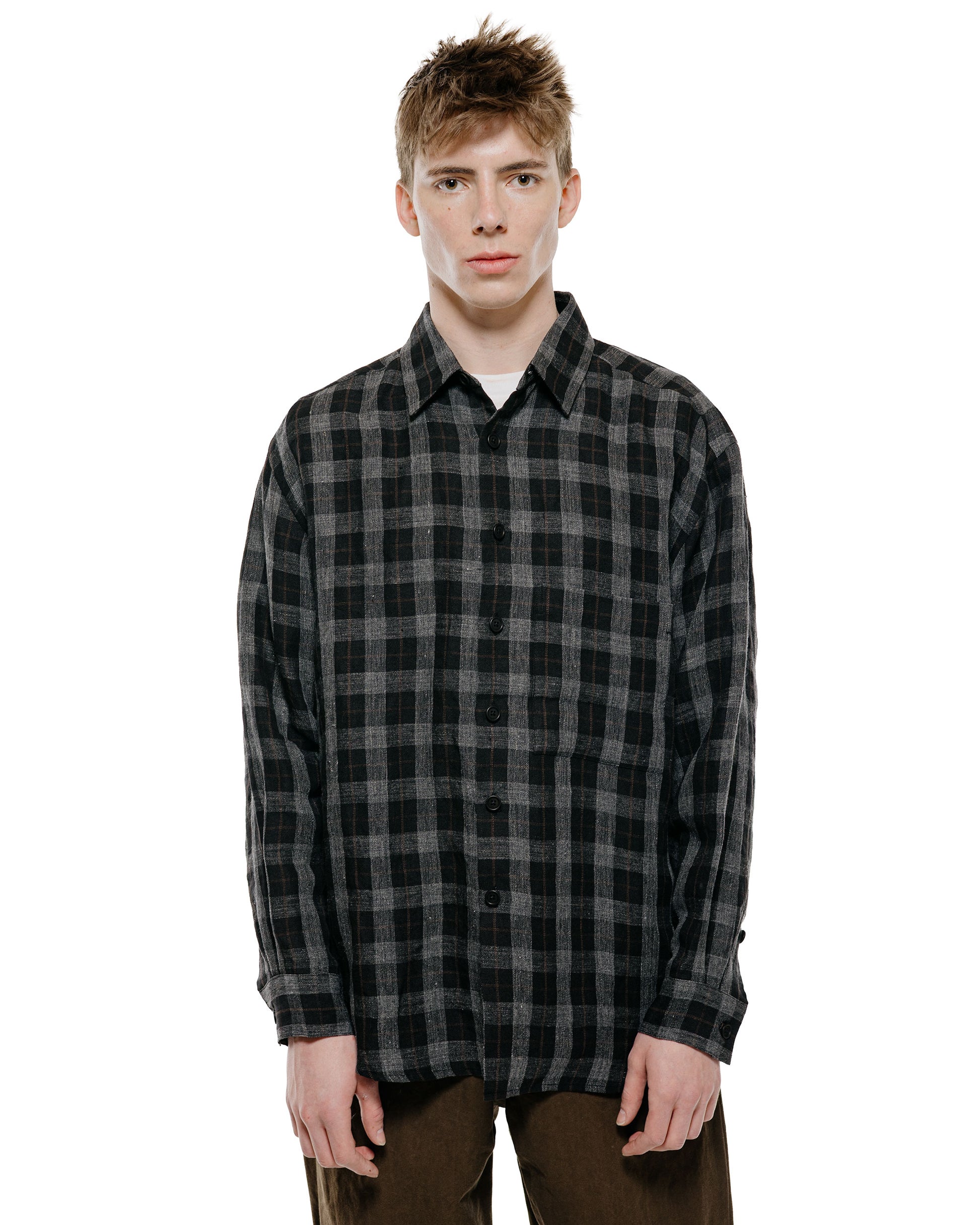 lost & found evan kinori evan kinori Big Shirt Two Yarn Dye Linen Check Charcoal/Brown/Black