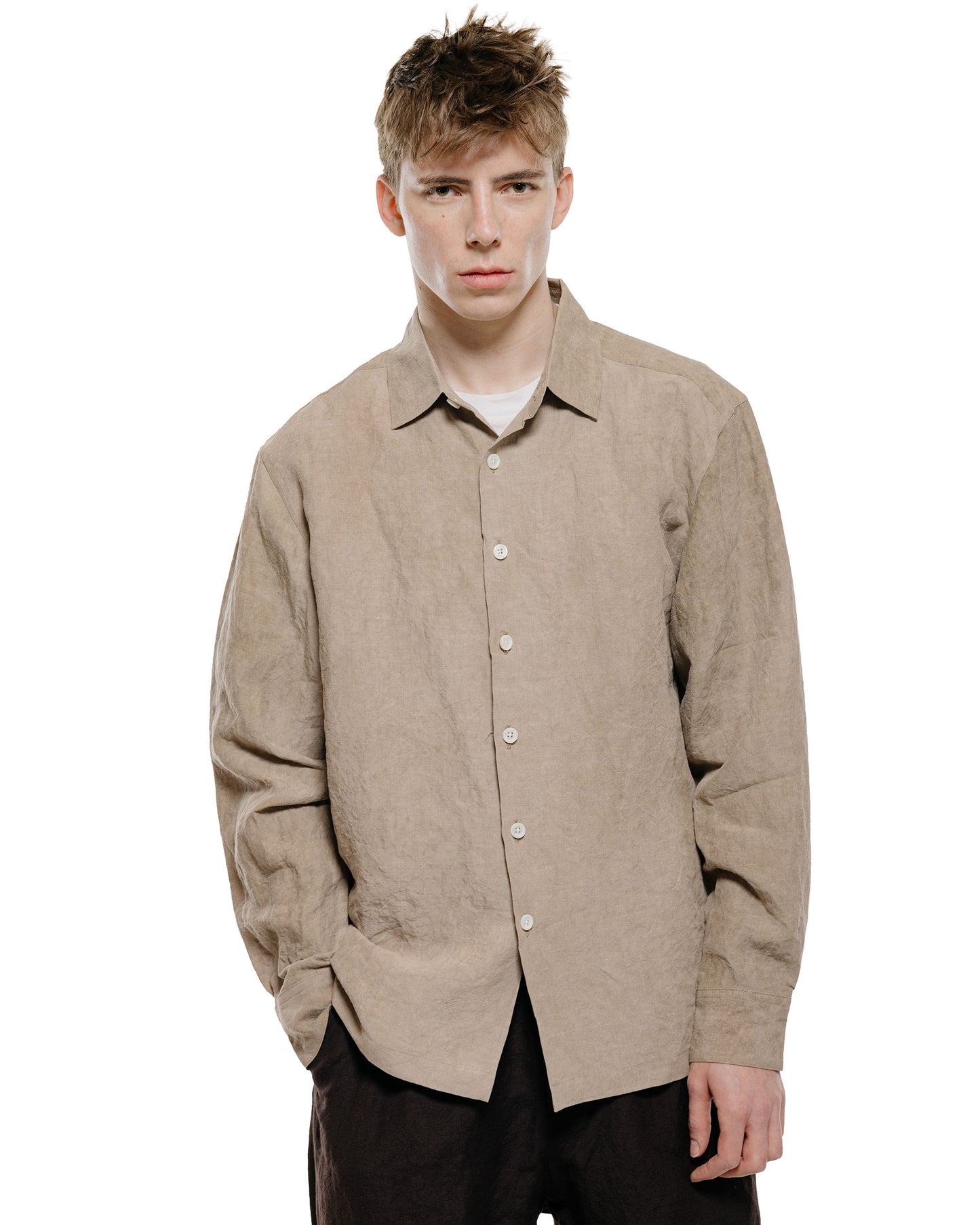 lost & found evan kinori evan kinori Flat Hem Shirt Cold Dyed Hemp Dark Beige