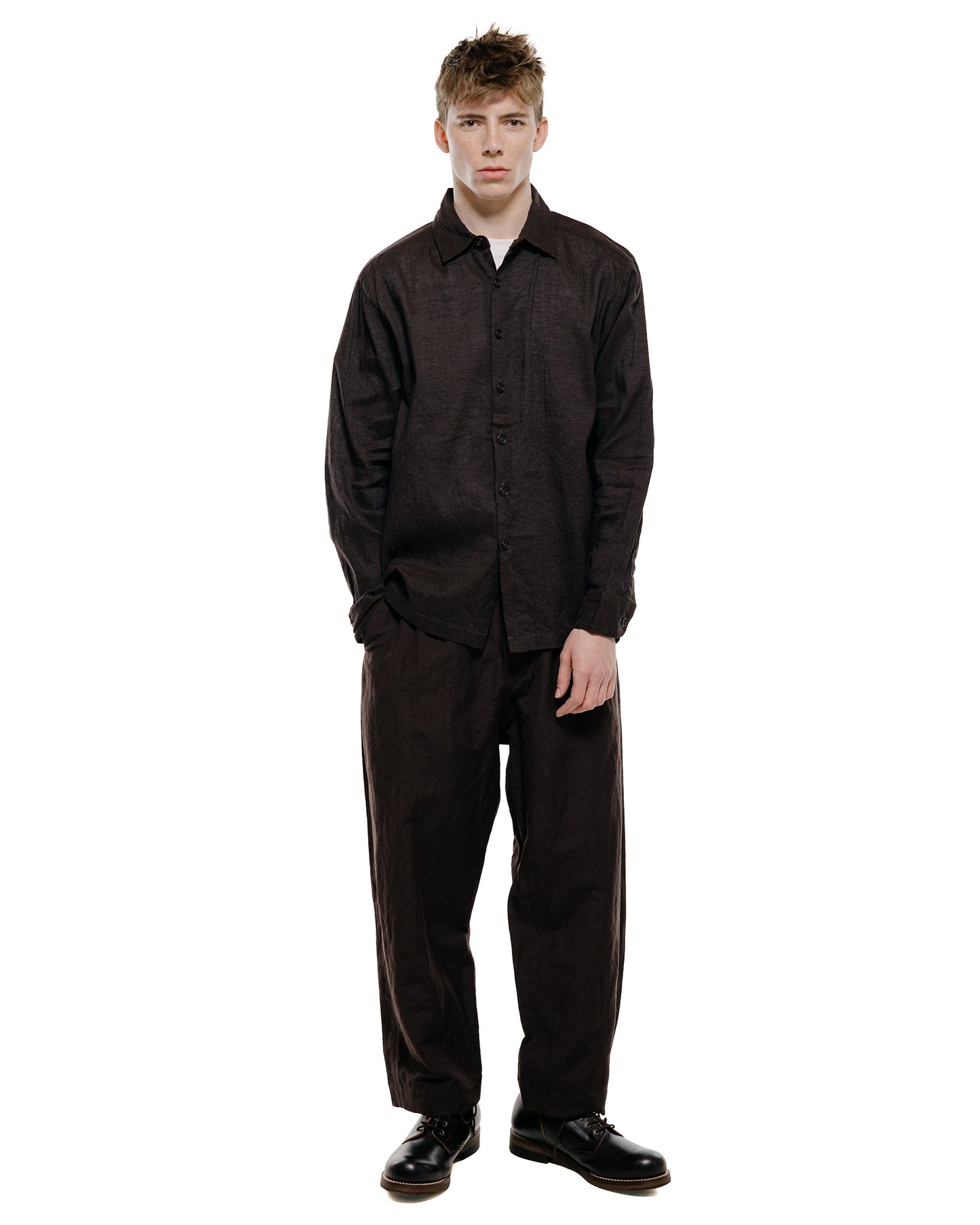 lost & found evan kinori evan kinori Flat Hem Shirt Linen/Cotton Summercloth Brown/Navy