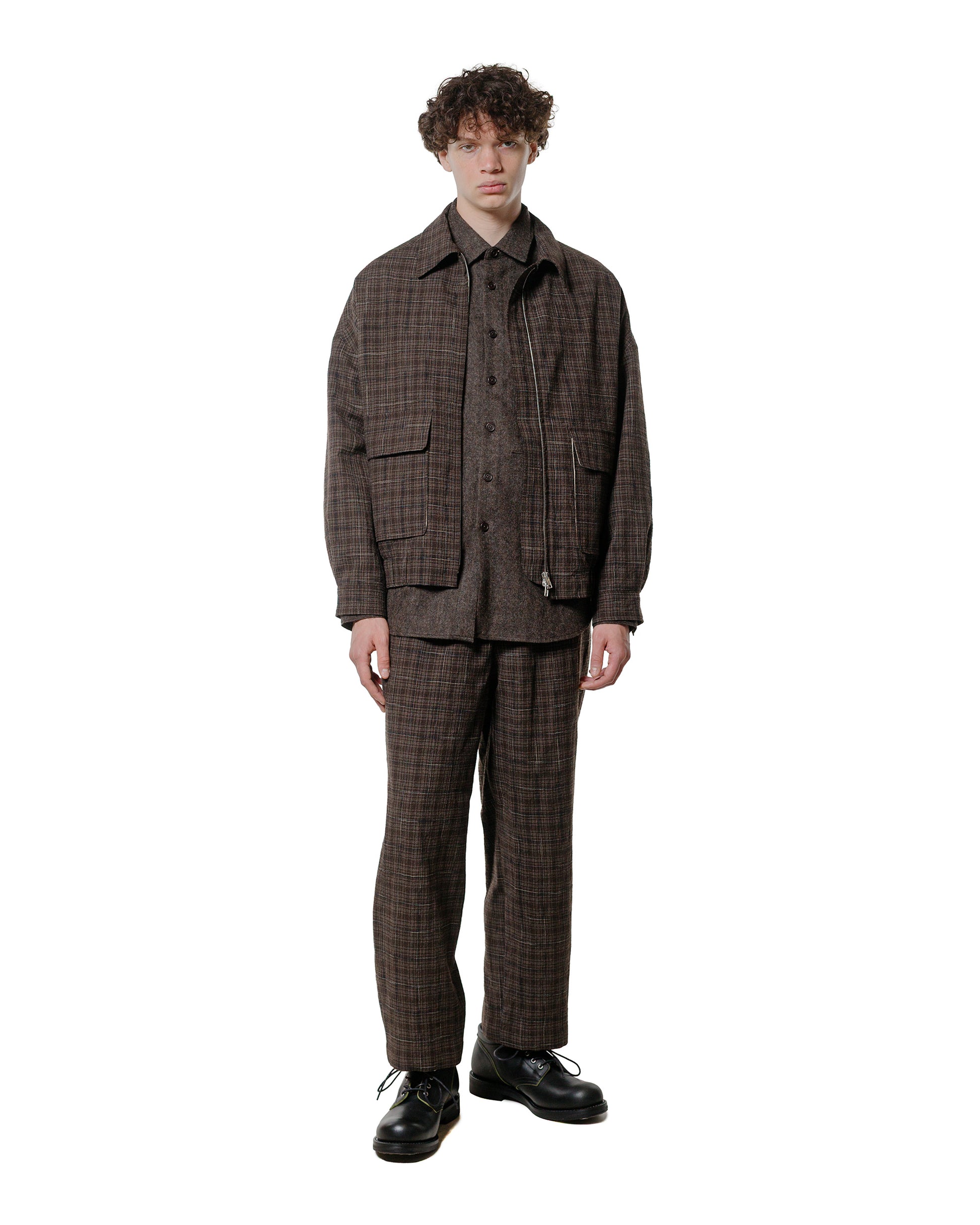 lost & found evan kinori evan kinori Zip Jacket Two Kasuri Wool Check Brown/Beige/Navy