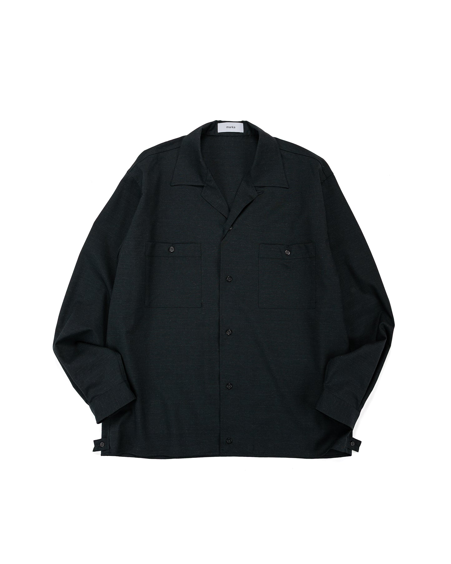 lost & found MARKAWARE marka Double Pocket Open Collar Shirt 2/72 Wool Tropical Washer Chambray Black