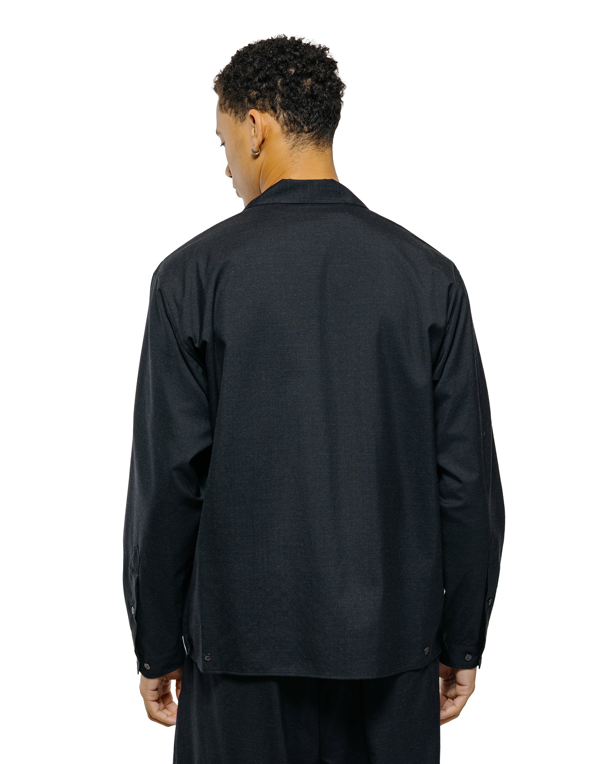 lost & found MARKAWARE marka Double Pocket Open Collar Shirt 2/72 Wool Tropical Washer Chambray Black