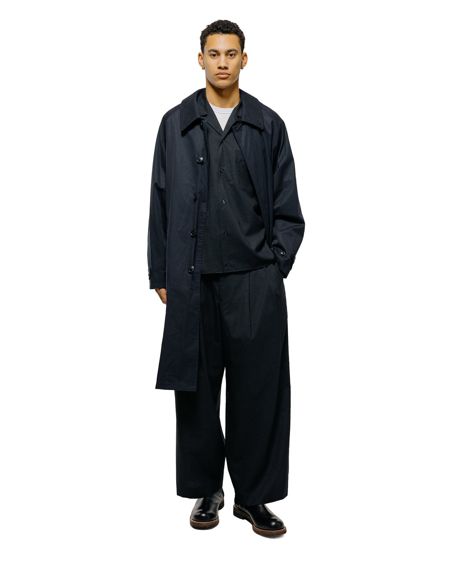 lost & found MARKAWARE marka Double Pocket Open Collar Shirt 2/72 Wool Tropical Washer Chambray Black