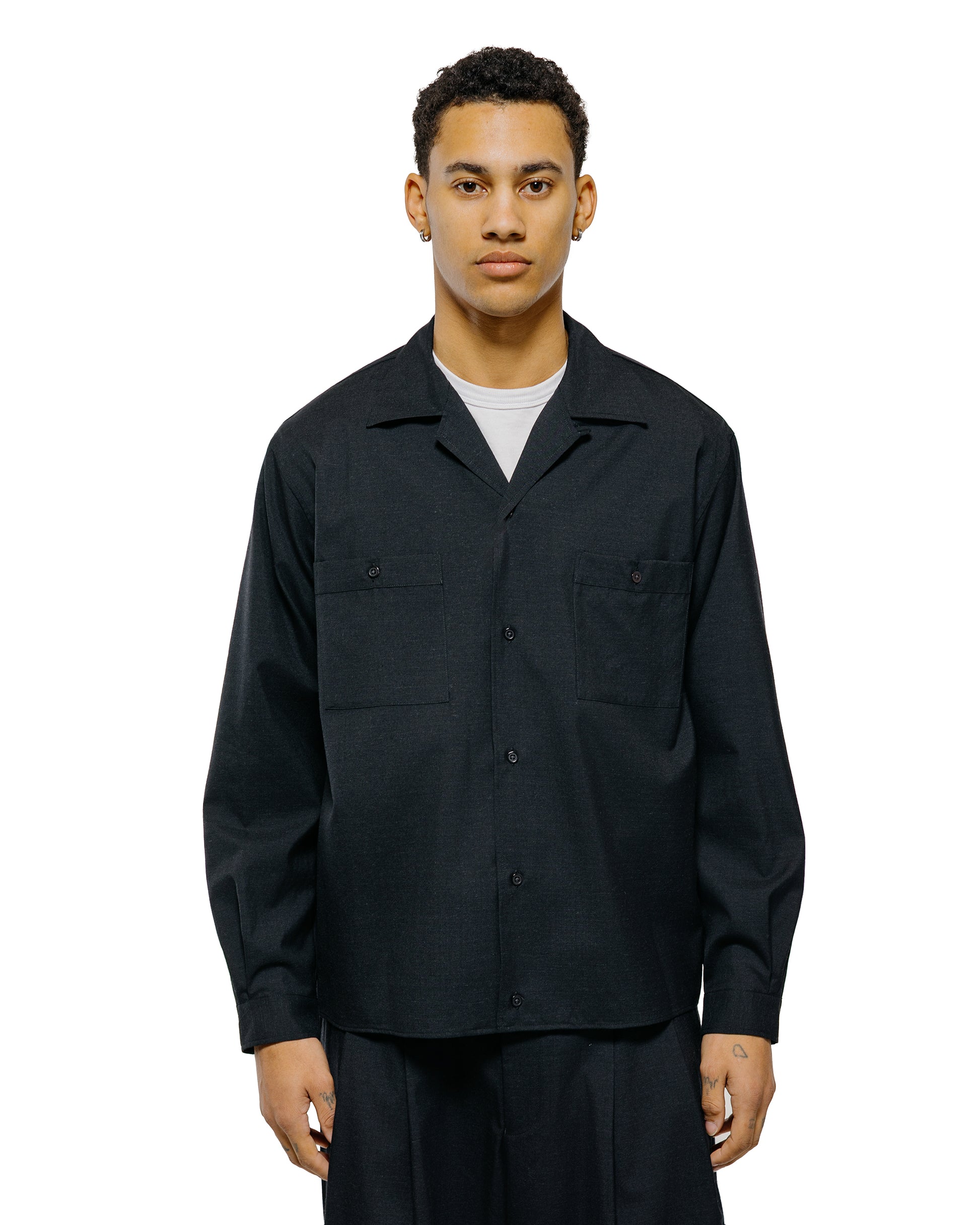 lost & found MARKAWARE marka Double Pocket Open Collar Shirt 2/72 Wool Tropical Washer Chambray Black