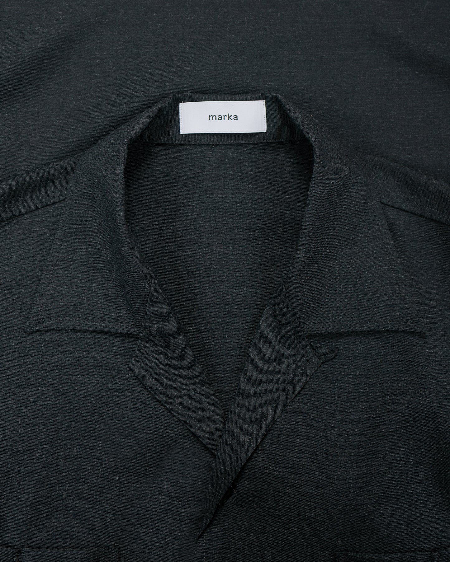 lost & found MARKAWARE marka Double Pocket Open Collar Shirt 2/72 Wool Tropical Washer Chambray Black