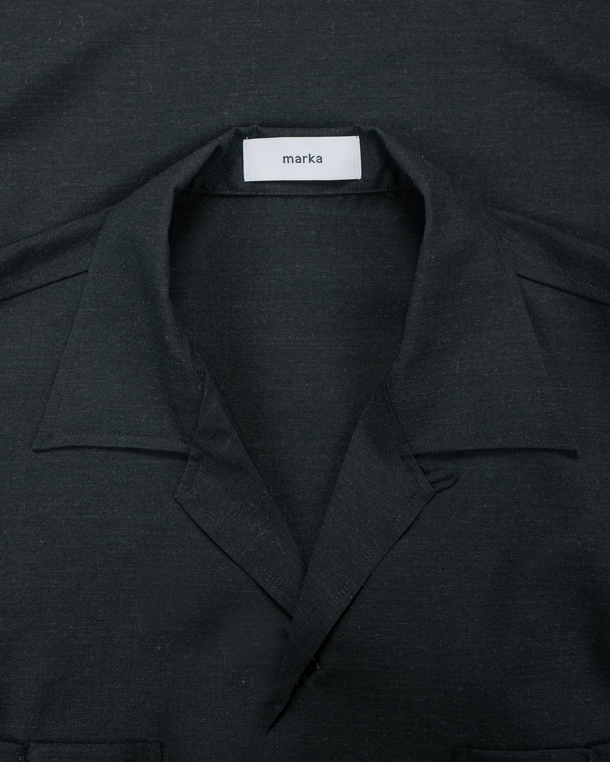 lost & found MARKAWARE marka Double Pocket Open Collar Shirt 2/72 Wool Tropical Washer Chambray Black
