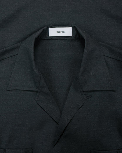 lost & found MARKAWARE marka Double Pocket Open Collar Shirt 2/72 Wool Tropical Washer Chambray Black