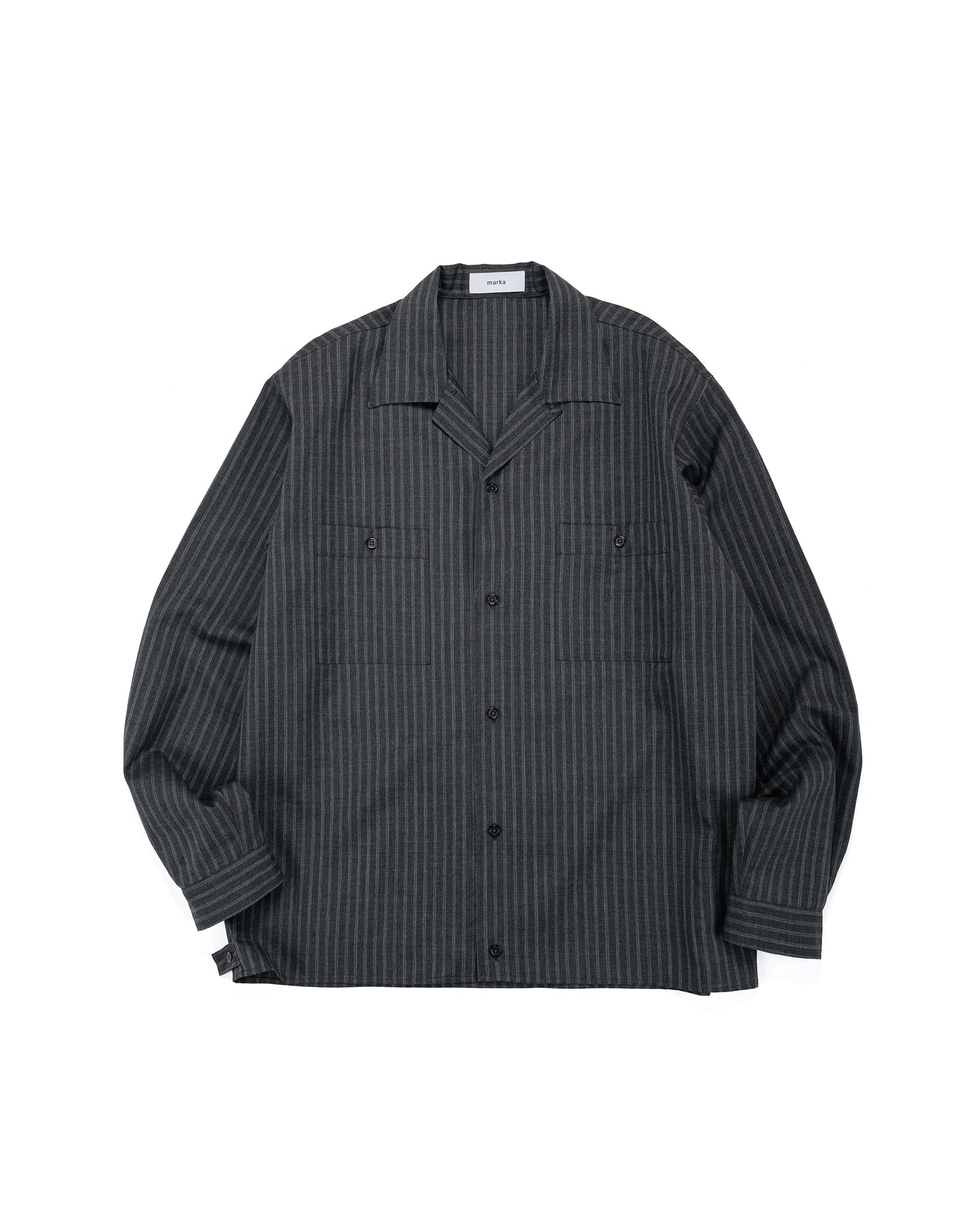 lost & found MARKAWARE marka Double Pocket Open Collar Shirt 2/72 Wool Tropical Washer Gray Stripe