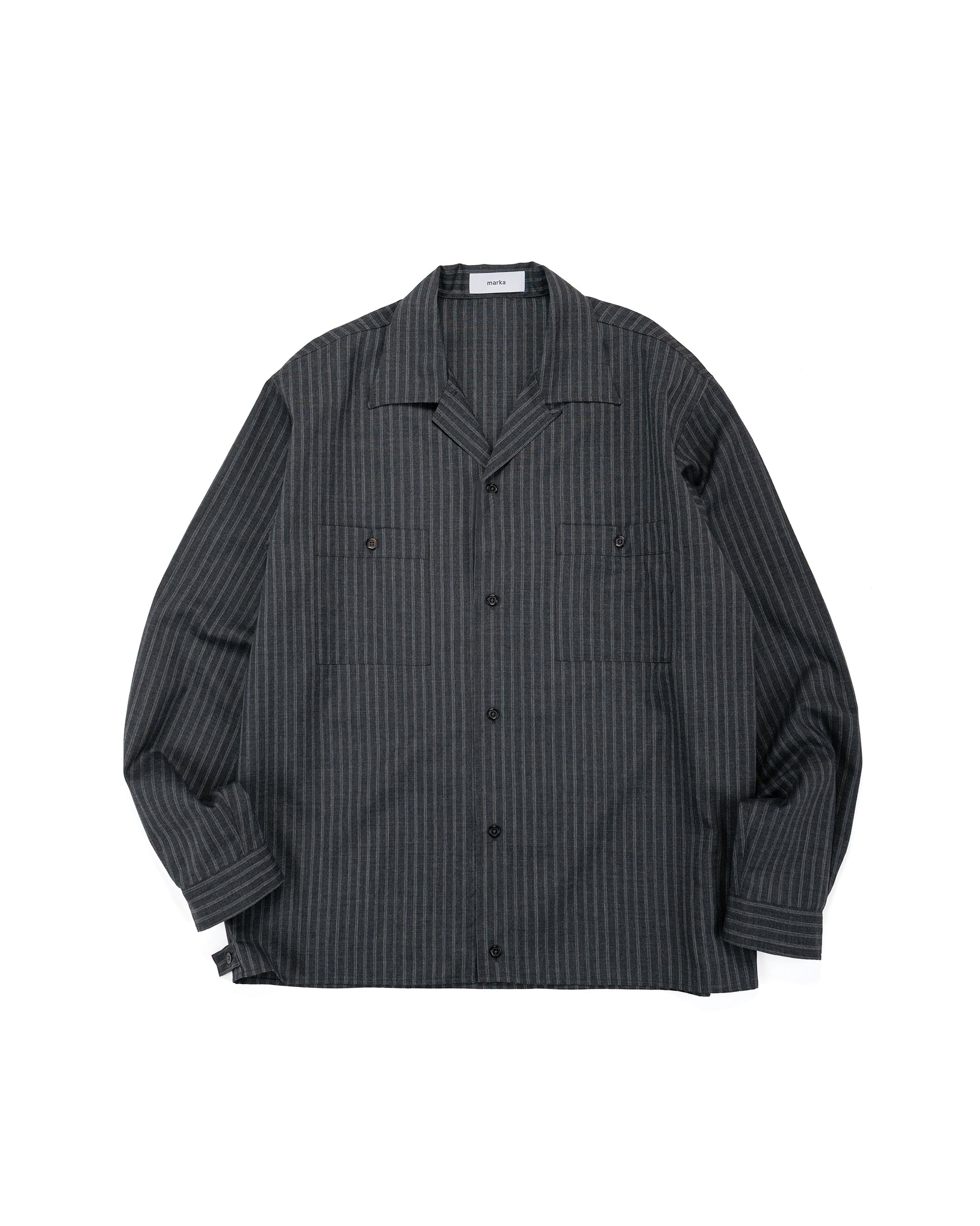 lost & found MARKAWARE marka Double Pocket Open Collar Shirt 2/72 Wool Tropical Washer Gray Stripe