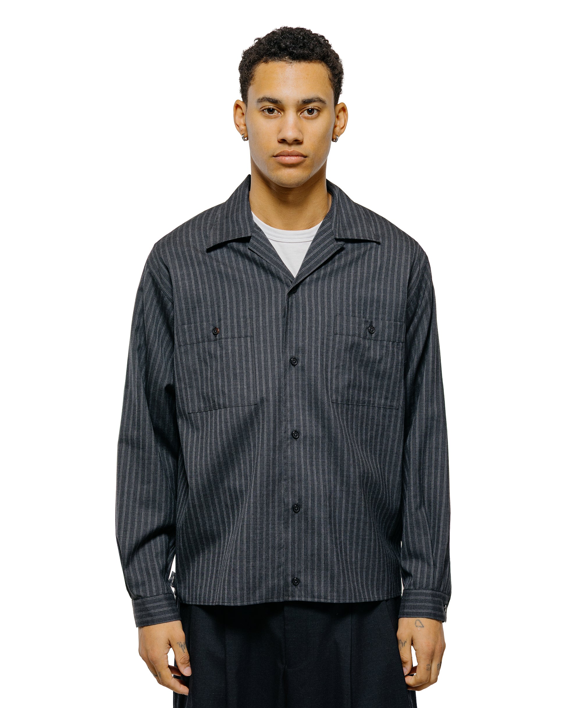 lost & found MARKAWARE marka Double Pocket Open Collar Shirt 2/72 Wool Tropical Washer Gray Stripe