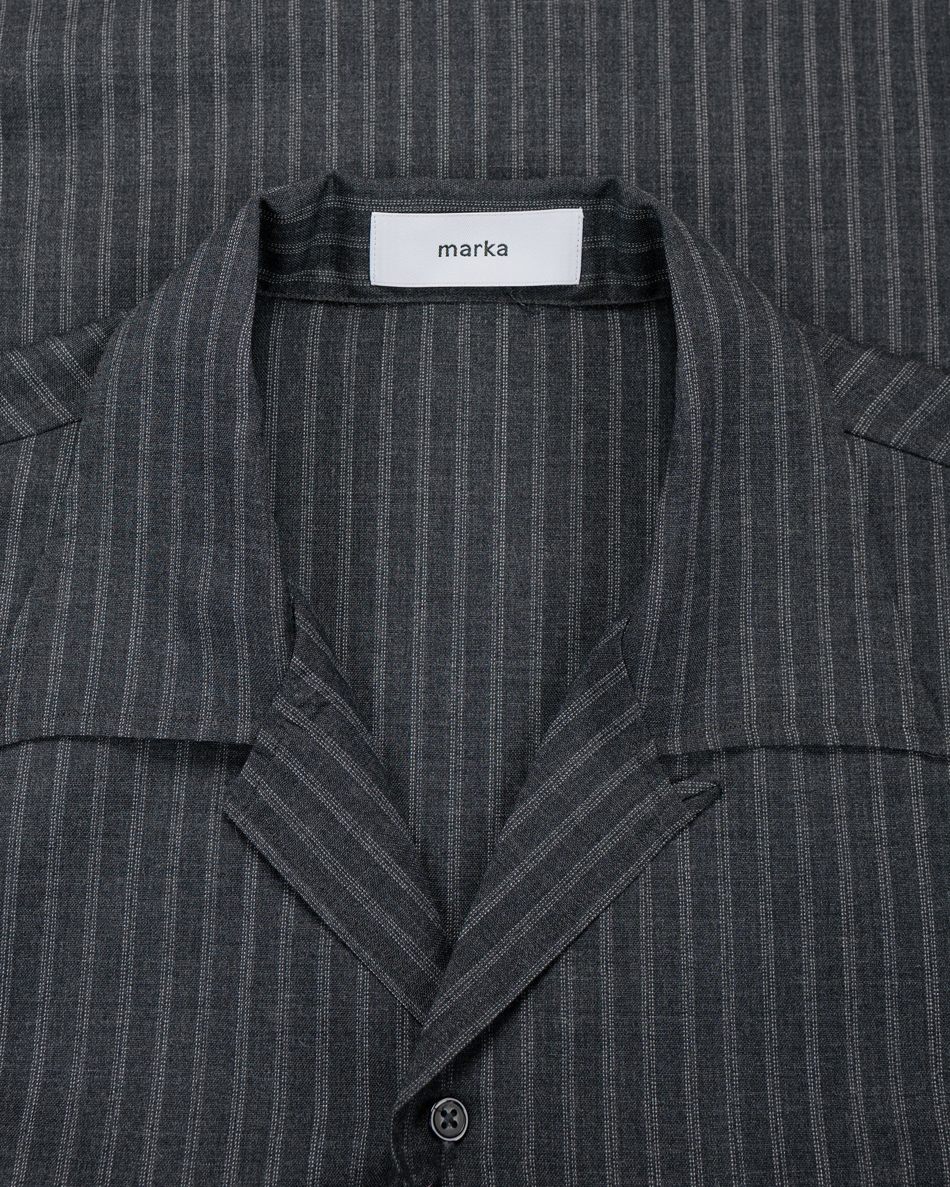 lost & found MARKAWARE marka Double Pocket Open Collar Shirt 2/72 Wool Tropical Washer Gray Stripe