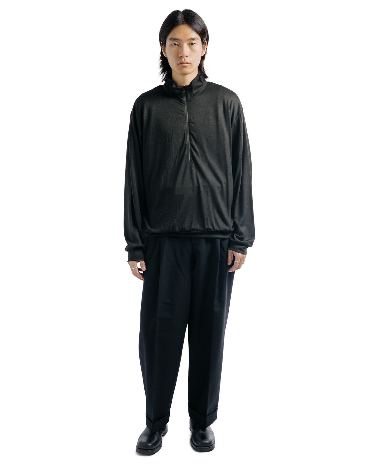 marka Half-Zip Stand Collar Super 100's Washable Wool Jersey Dark Olive