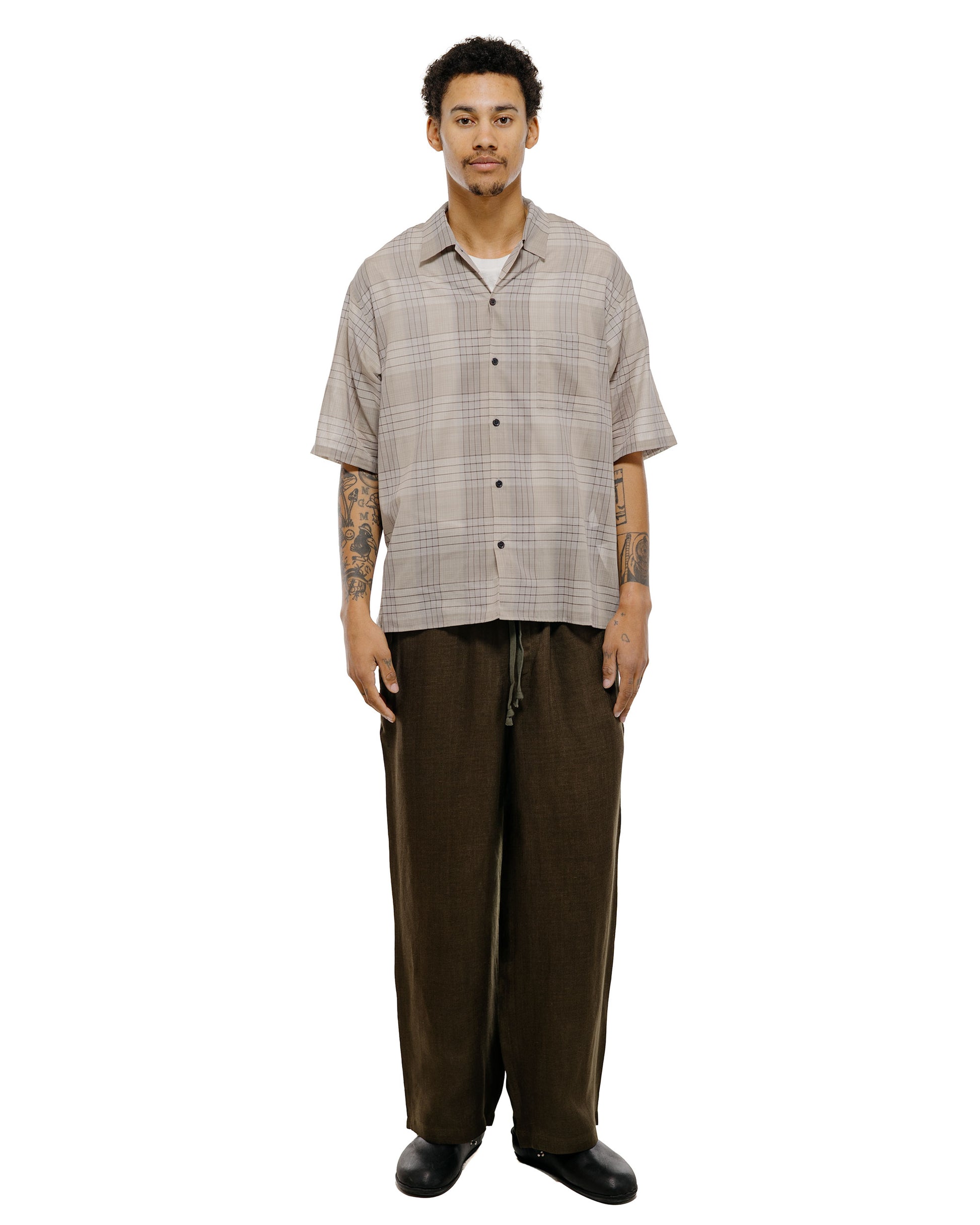 lost & found MARKAWARE marka Open Collar S/S Shirt Organic Cotton High Twisted Loan Sage Check