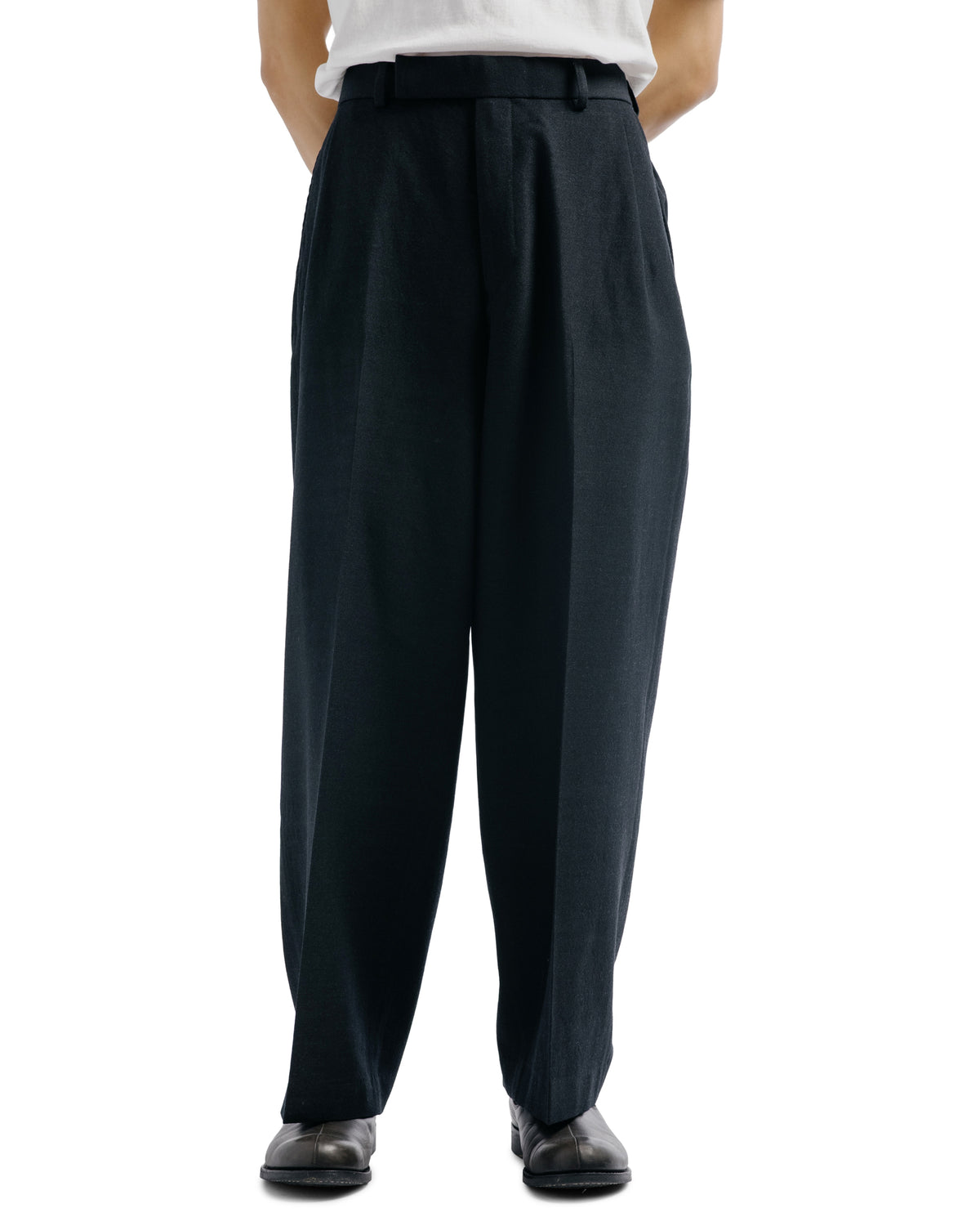 marka Single Pleat Wide Trousers Tumbled Wool Serge Chambray Black