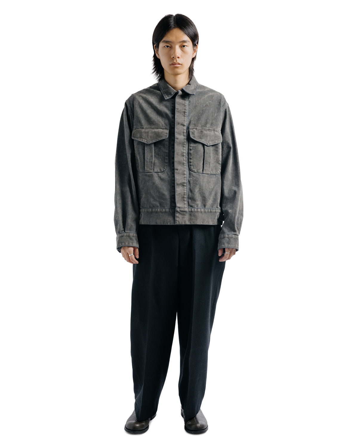 marka Single Pleat Wide Trousers Tumbled Wool Serge Chambray Black