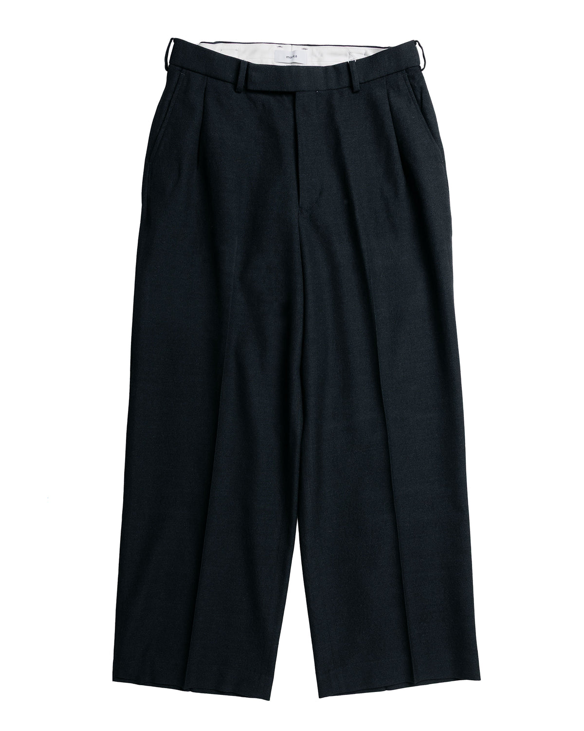 marka Single Pleat Wide Trousers Tumbled Wool Serge Chambray Black