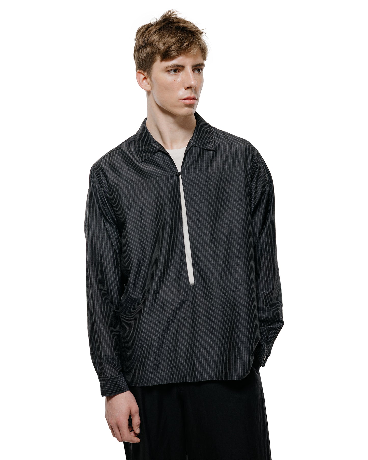 lost & found MARKAWARE marka Skipper Shirt Wool Silk Feather Cloth Charcoal Stripe