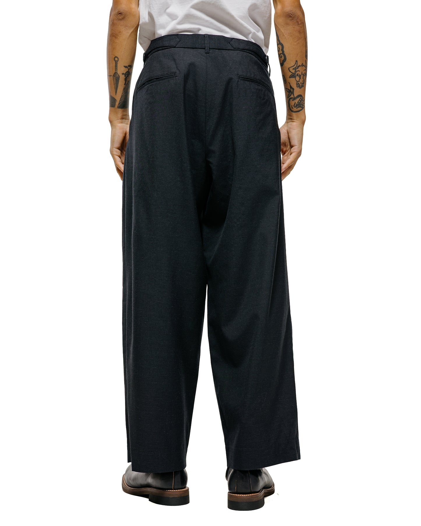 lost & found MARKAWARE marka Two Tuck Baggy Trousers 2/72 Wool Tropical Washer Chambray Black