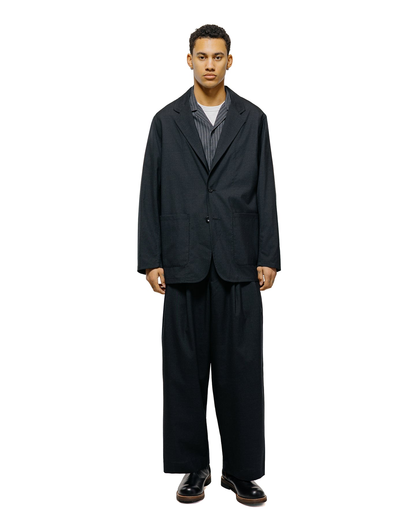 lost & found MARKAWARE marka Two Tuck Baggy Trousers 2/72 Wool Tropical Washer Chambray Black