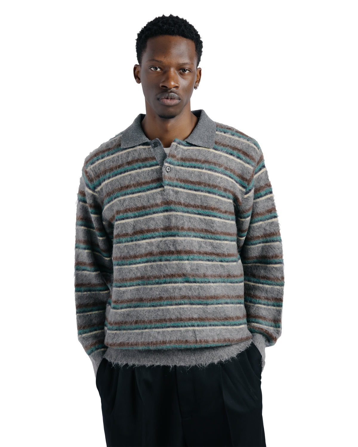 ssstein Kid Mohair Ribbed Knit Polo LS Grey Multi