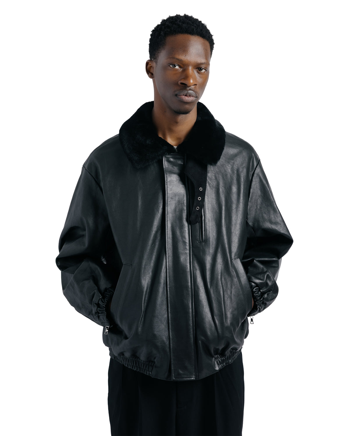 ssstein Mouton Collar Calf Zip Jacket Black