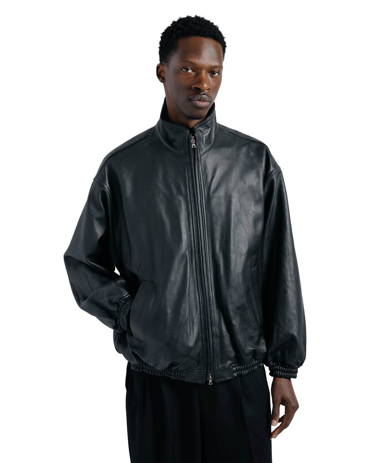 ssstein Sheep Leather Stand Collar Jacket Black