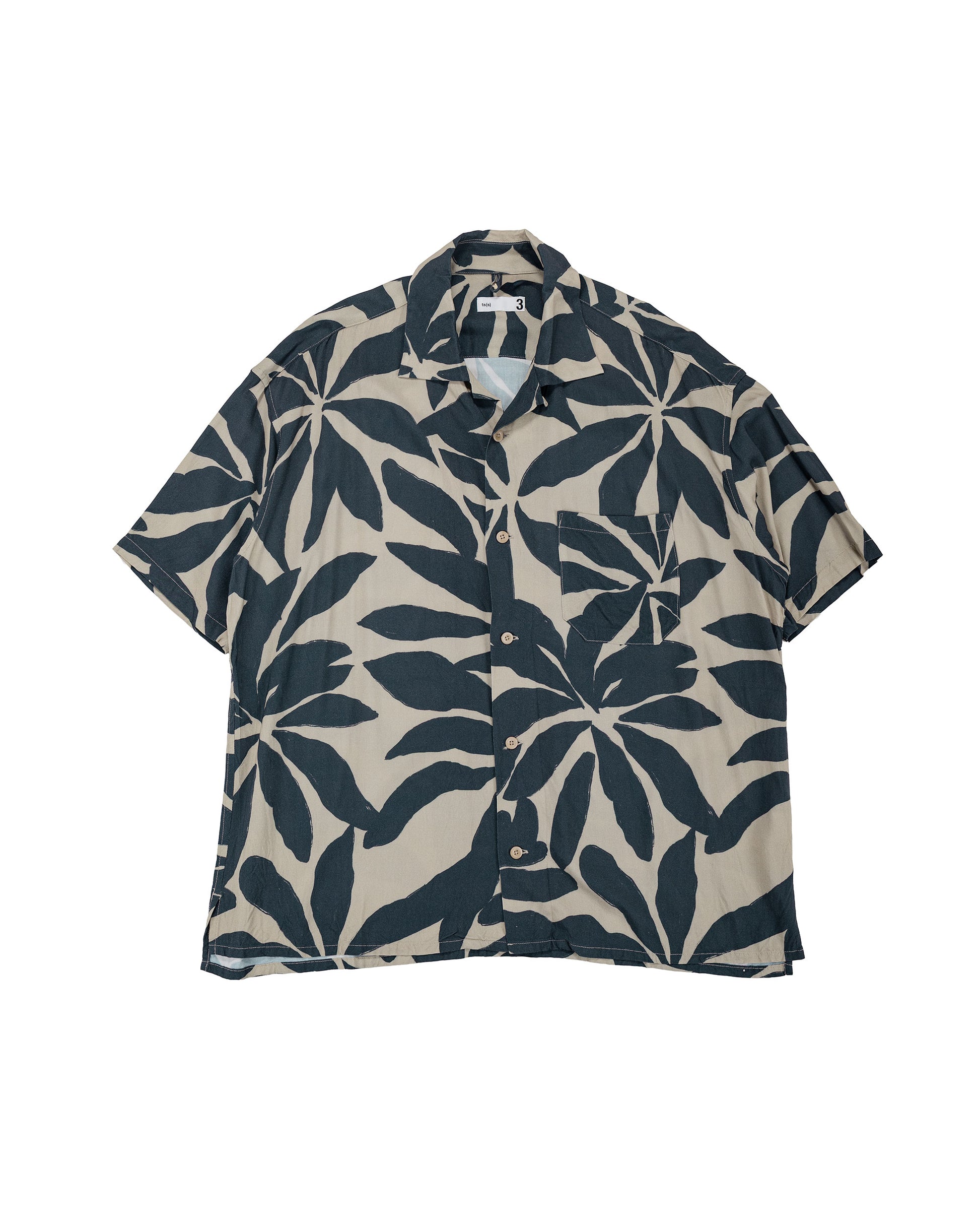 lost & found tss ts(s) Open Collar Short Sleeve Shirt Leaf Print Viscose Cloth Navy