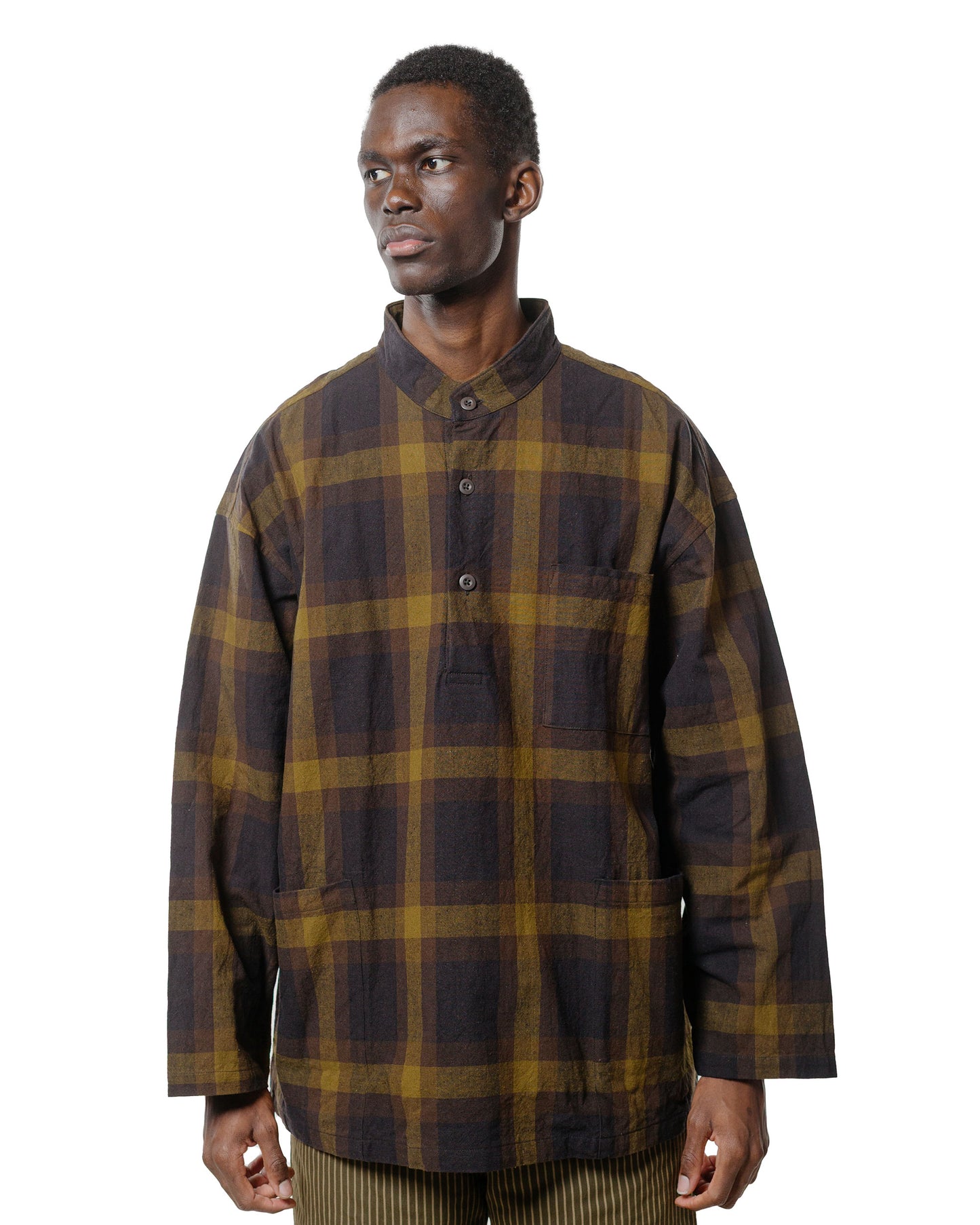 lost & found tss ts(s) Pullover Work Shirt Jacket Dark Tone Plaid Slub Cotton Cloth Olive